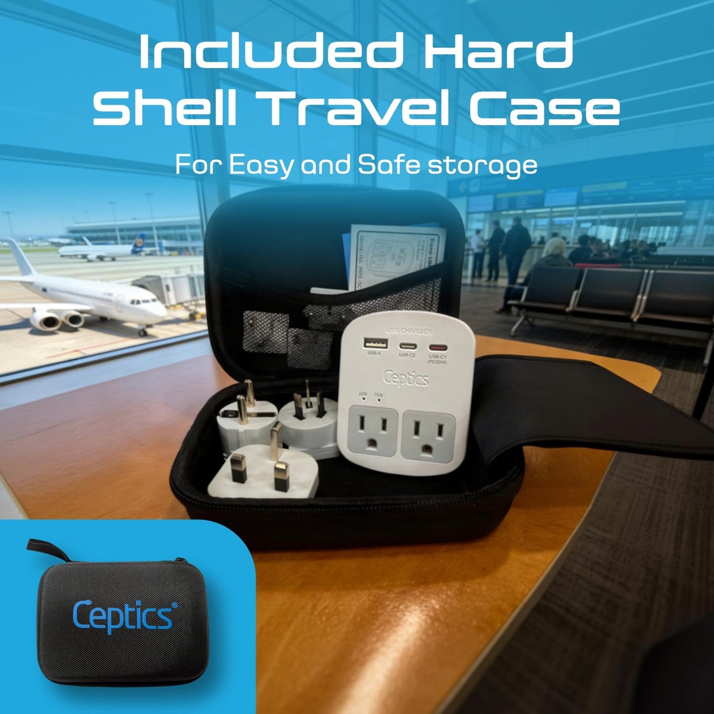 Ceptics 35W Universal Travel Adapter Kit – 2 USA sockets, USB-A, USBC, 1x PD 35W USB-C and USBC Cable, Surge Protected, Plugs for EU, UK, China, AU, Japan - for Laptop, Phone, Camera-ETL Tested