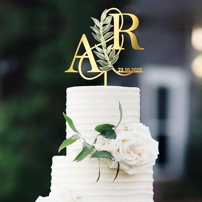 Personalized Wedding Cake Topper in Acrylic Custom Bride and Groom Initial Cake Topper Cake Decoration (Green Leaves)