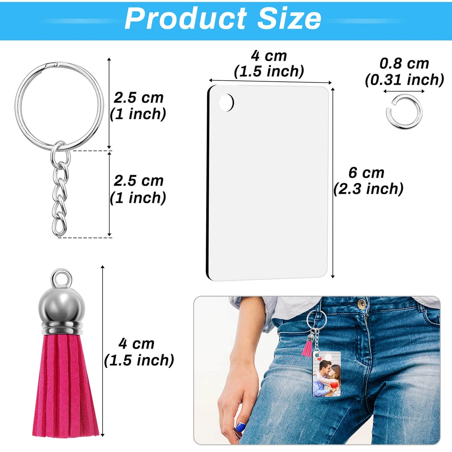 Modacraft 120Pcs Sublimation Keychain Blanks Bulk Set with Rectangle Sublimation Blanks Tassels Keychain Rings & Jump Rings for DIY Keychains Crafting