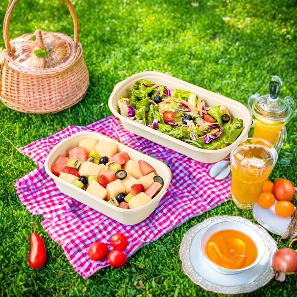 100 Pack 23 Oz Disposable Meal Prep Containers with Lids, Rectangle Paper Bowls with Lids for Salad,Leftovers, Leak-proof To Go Food Box Cardboard Lunch Box Compostable Take Out Food Containers