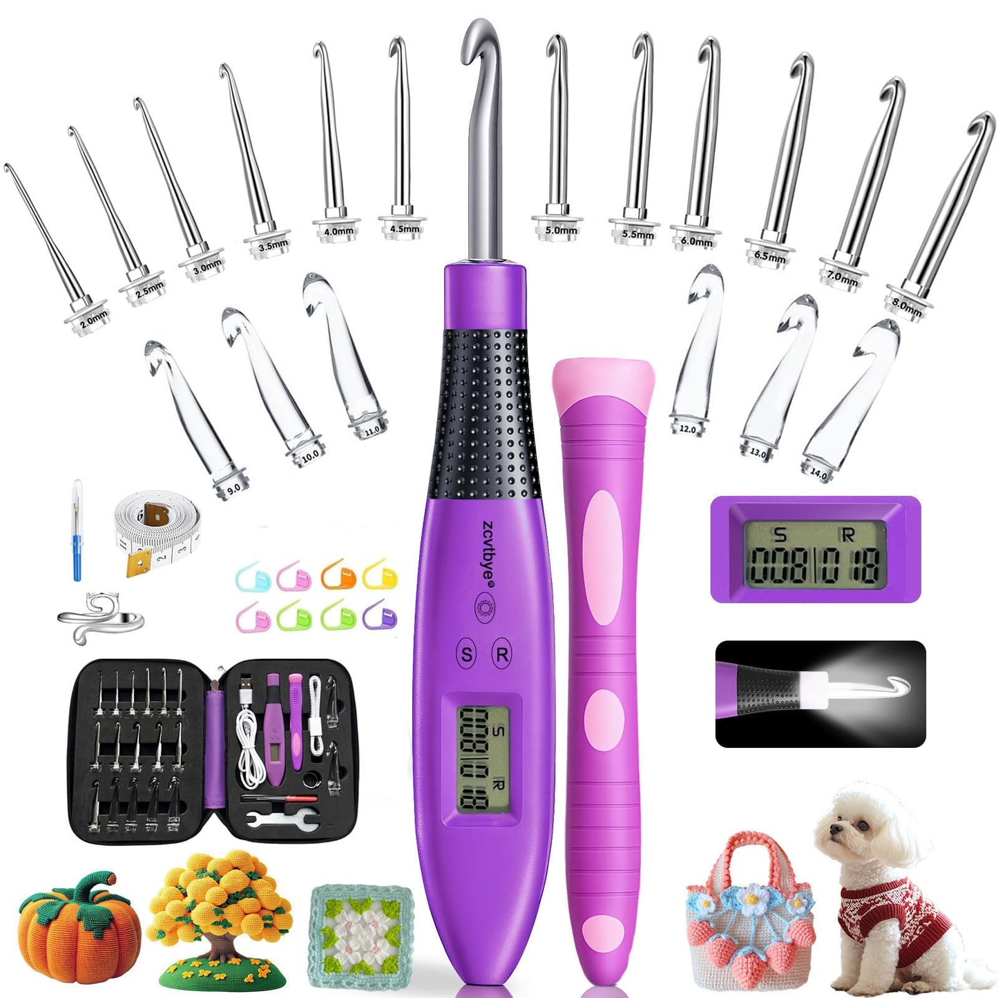 Counting Crochet Hook Set with Light & Counter -18 Size Light up Crochet Hooks - Ergonomic for Arthritic Hands, Digital Stitch & Row Counter - Interchangeable Hooks Kit - Perfect Gift