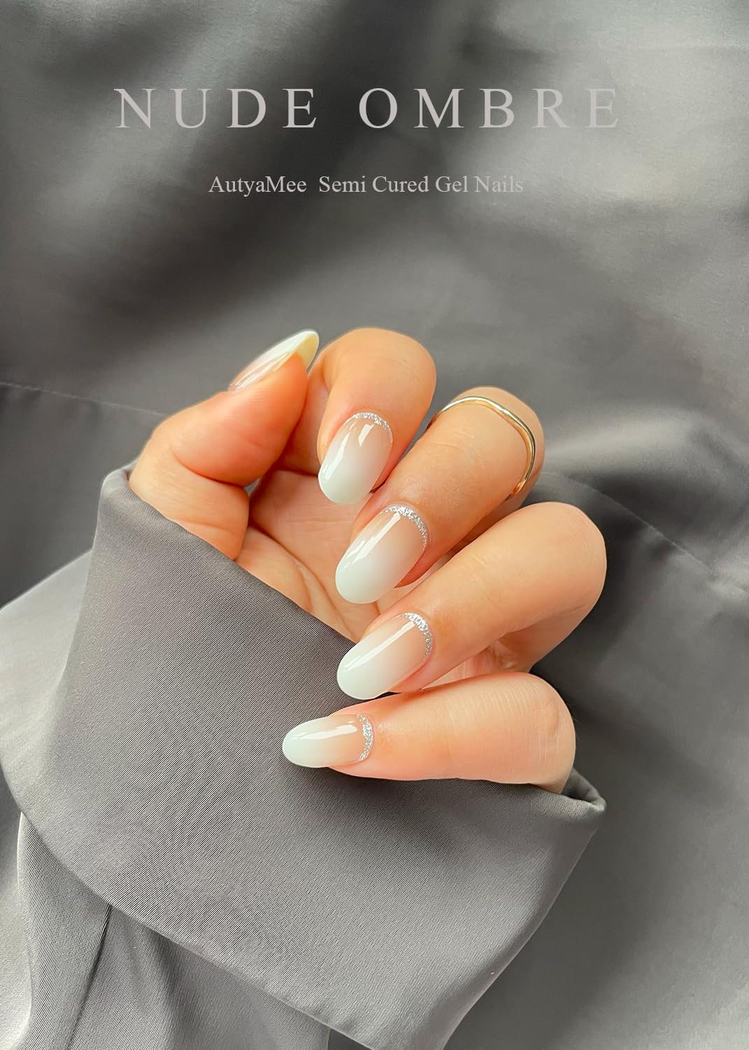 AutyaMee Semi Cured Gel Nail Strips (Nude Ombre), Gold Glitter, 20 Pcs Gel Nail Wraps, Stickers, UV Light Required, Salon Quality, Long Lasting