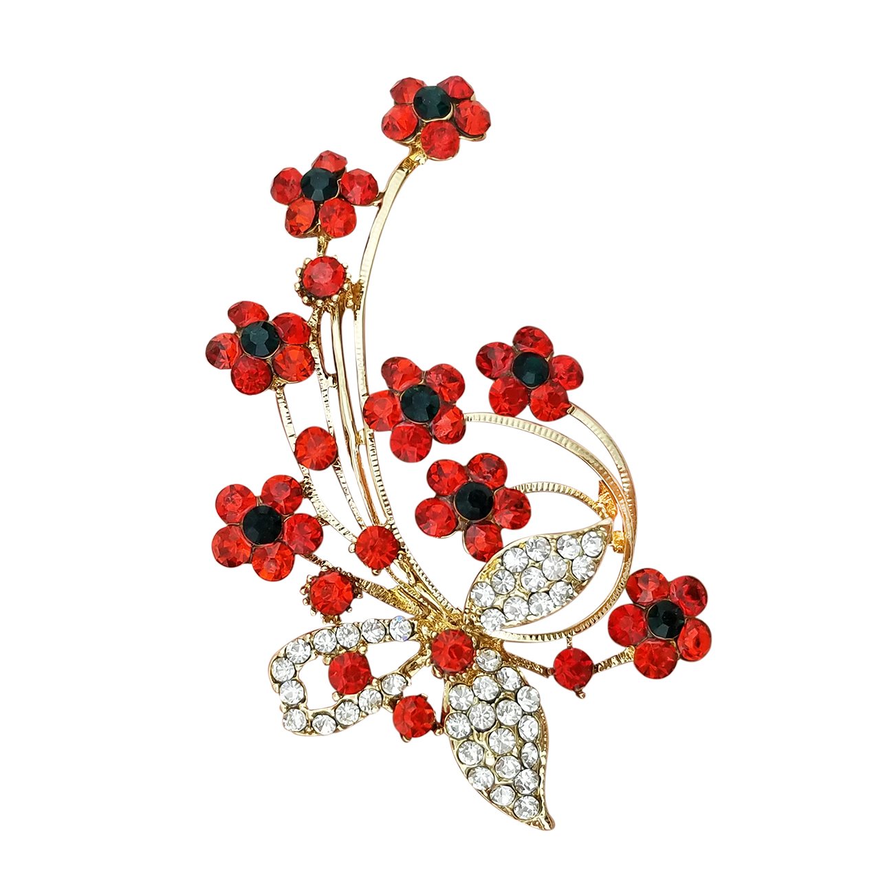 YOQUCOL Red Garnet Ruby Colour Cubic Zirconia Crystal Poppy Flower Shape Brooch Pins for Woman