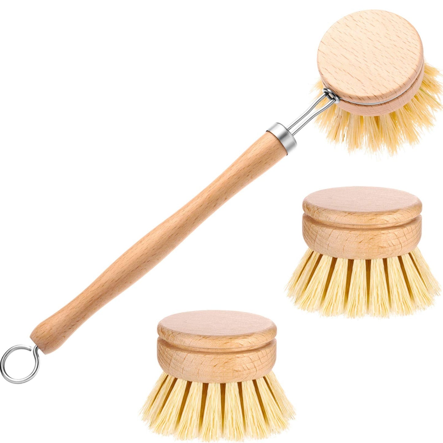 Boao Dish Brush with Beechwood Handle with 2 Replacement Heads Natural Wood Dish Scrub Brush for Washing and Cleaning Pots and Pans
