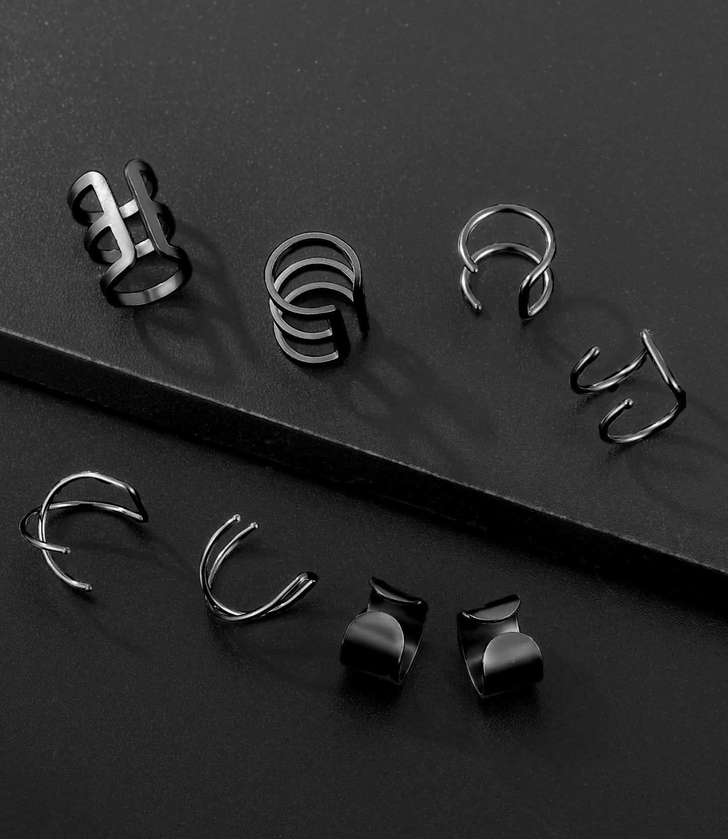 Tornito 4-10 Pairs Stainless Steel Ear Cuff Helix Cartilage Clip On Wrap Earrings Fake Nose Ring Non-Piercing Adjustable (F1:10 Pairs, Silver&Black Tone)