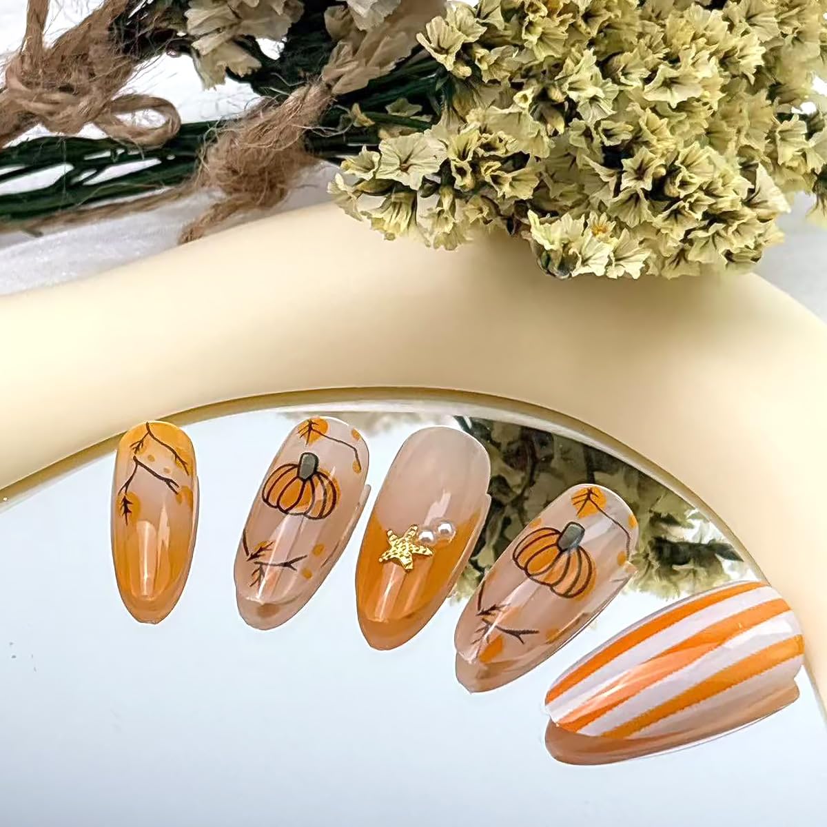 30Pcs Fall Press on Nails Medium Almond French Tip Fake Nails Maple Leaf Pumpkin False Nails with 3D Pearl Design Thanksgiving Orange Glossy Artificial Stick on Nail Full Cover Glue on Nails for Women