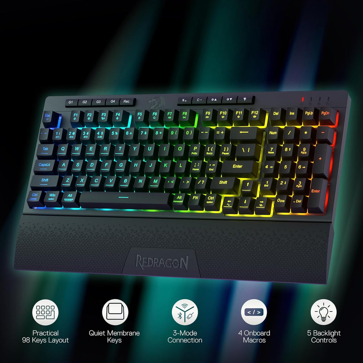 Redragon K515 PRO Shiva RGB Wireless Membrane Gaming Keyboard, 98 Keys Mechanical-Feel Keyboard w/Smooth Linear Switch, On-Board Macro & Multimedia Keys, Detachable Wrist Rest, Software Supported
