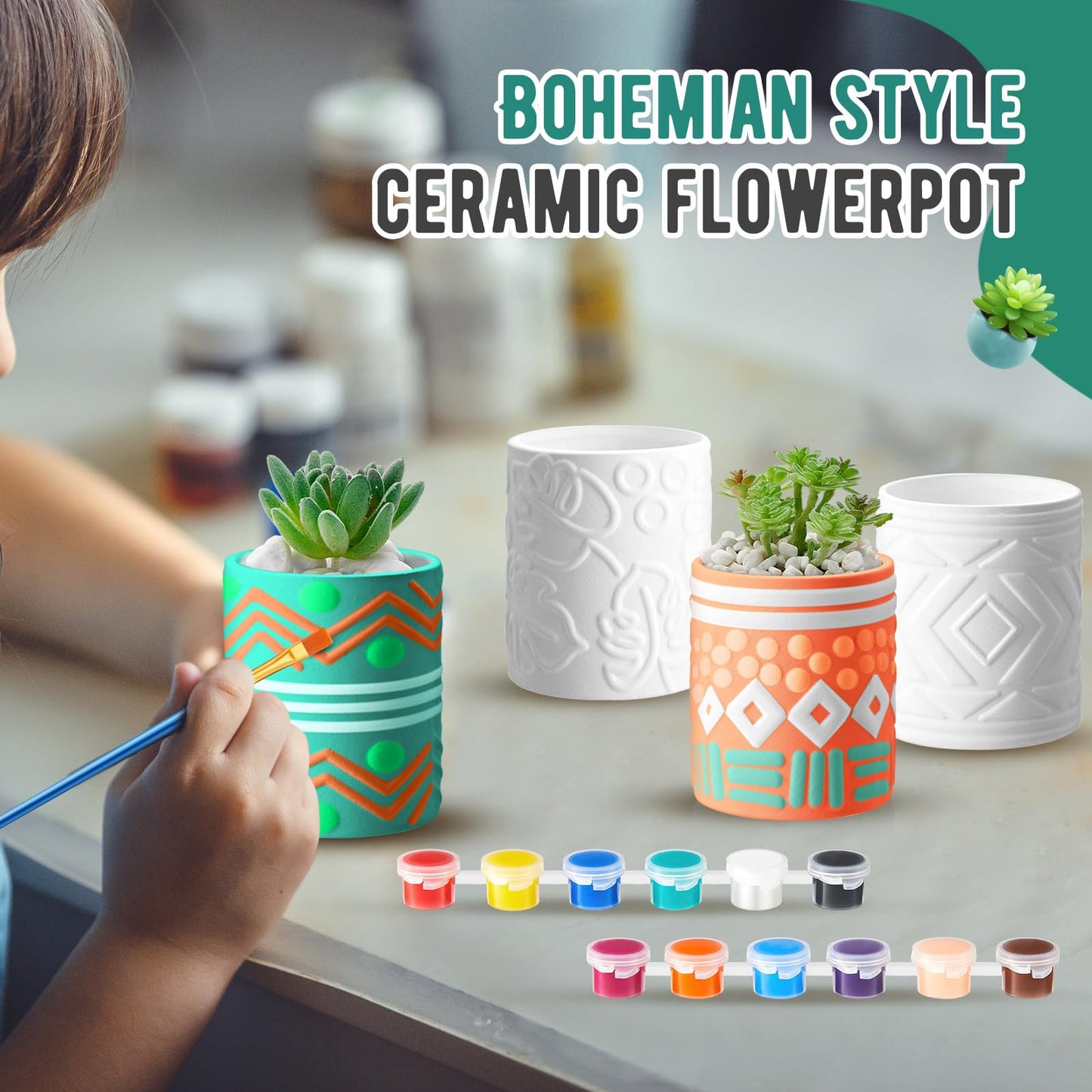 SiliFine Set of 11 Paint Your Own Kit DIY Flower Pot Painting Includes 8 Pcs Unpainted Ceramic Succulent Planters 2 Pcs Color Paints 1 Set Paint Brushes for Classroom Craft Activity (Bohemian)