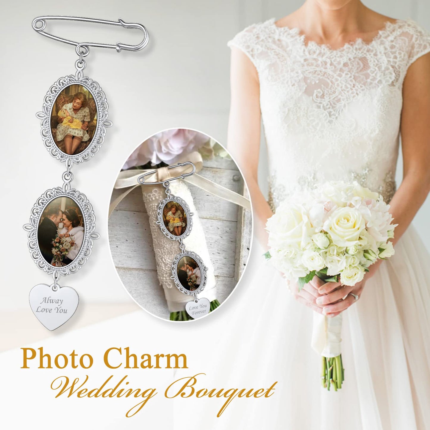 Custom4U Wedding Bouquet Photo Charms Picture Pins Customized Memorial Jewelry for Men Women Groom Bride
