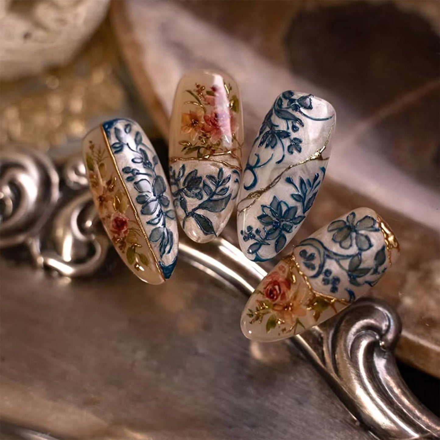 Flower Press on Nails Short Almond Fake Nails Blue Floral with Peony Design Full Cover Glossy Acrylic Artificial Fingernails Press Ons Blossom Stick on Nail 24Pcs