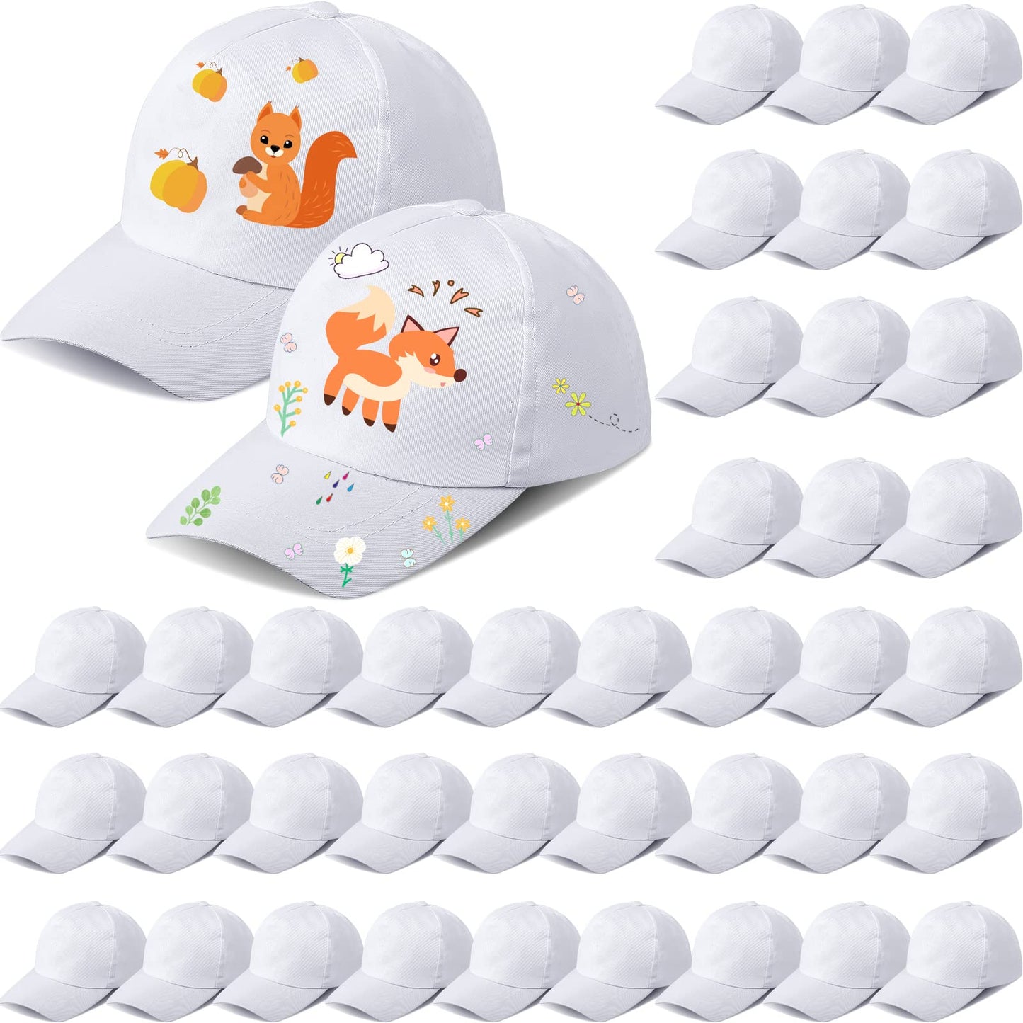 Xtinmee 50 Pieces White DIY Hats for Kids White Baseball Caps Adjustable Back Strap Blank Baseball Hats for Kids Class Project DIY Making, Painting, Hiking, Camp, Sport Outdoor Activities