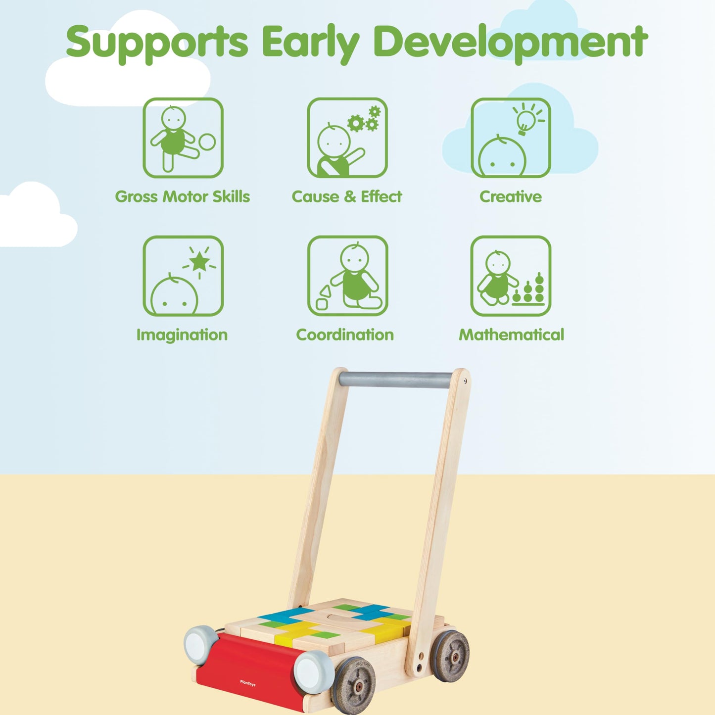 PlanToys® Baby Walker Wooden Push Toy for First Steps & Balance | Montessori Developmental Toy for Coordination & Confidence | Eco-Friendly Learning Toy
