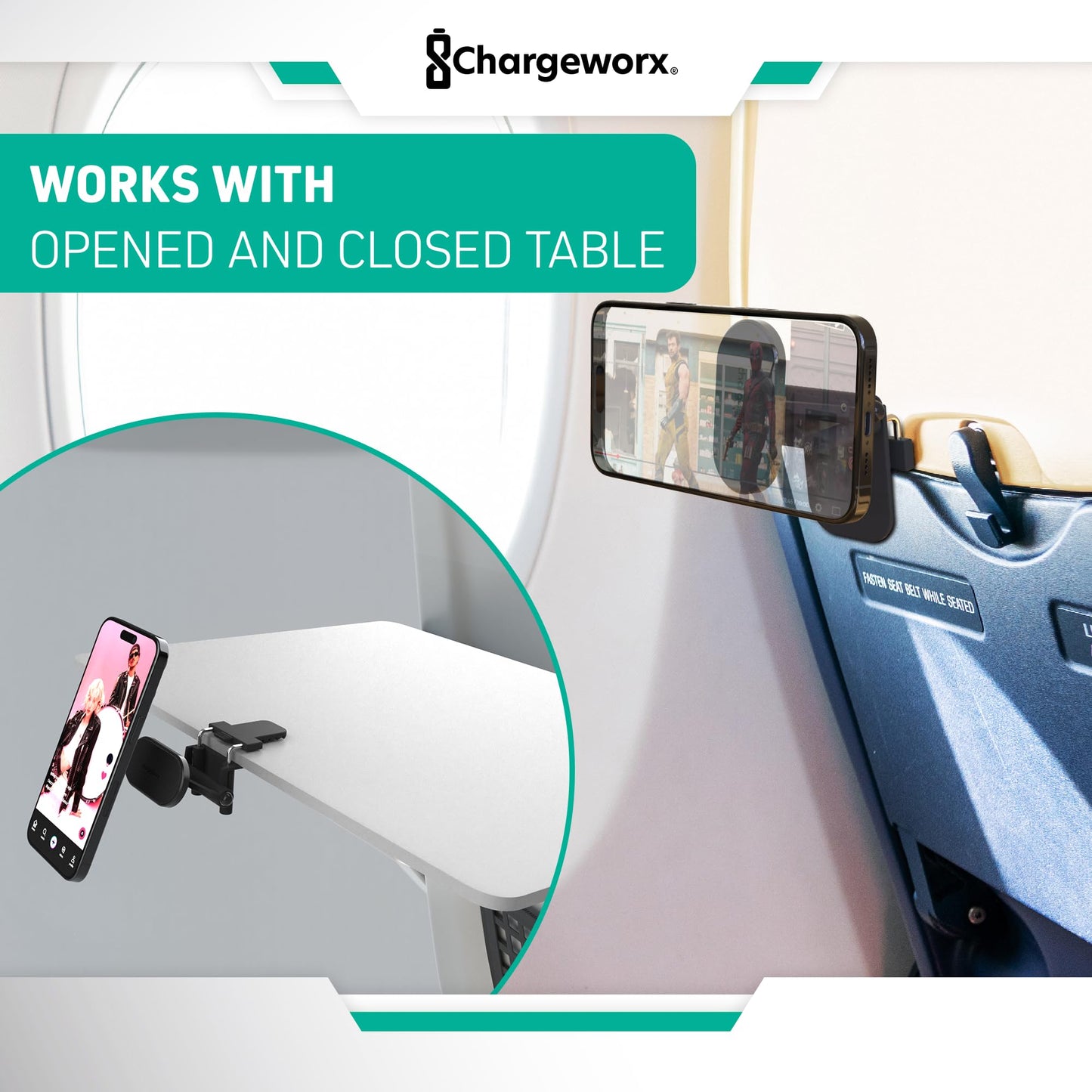 CHARGEWORX in-Flight Magnetic Phone & Tablet Mount for Airplanes, MagSafe-Compatible Travel Phone Holder for Tray Tables, 360° Rotating & 90° Pivoting Airplane Phone Stand with Travel Pouch