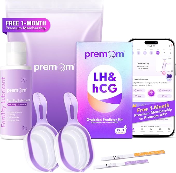 Premom Quantitative Ovulation & Pregnancy Test Kit with Sperm Friendly Fertility Lubricant: 25 LH + 5 HCG Strips + 2 Pee Cups + 2oz Lube | Accurate LH Tracking | pH Balanced | Works with Premom App.