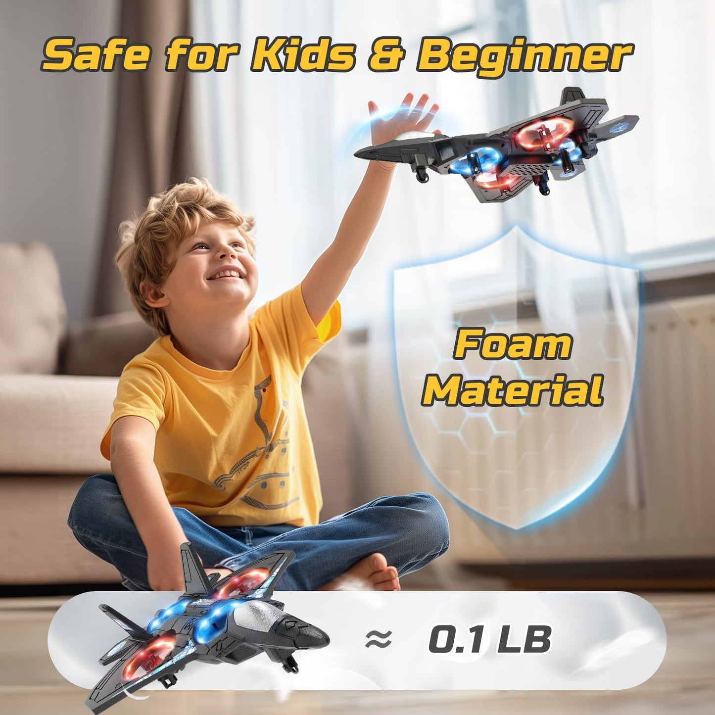 Foam RC Airplane Drone for Kids, Remote Control Helicopter, Toy Plane Fighter Jet with LED Light, Auto Hover, 360°Flip, 2 Batteries (16 Mins Flight), Easy to Fly for Beginners