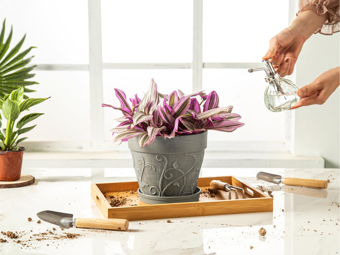 Melphoe Plant Pots Indoor with Drainage & Saucer, 2Pack 7 inch Flower Pots Outdoor Planters for Indoor Plants Garden Home Decor Cactus Succulent, Rigid Plastic (Imitation-Terracotta) Vine-Embossed
