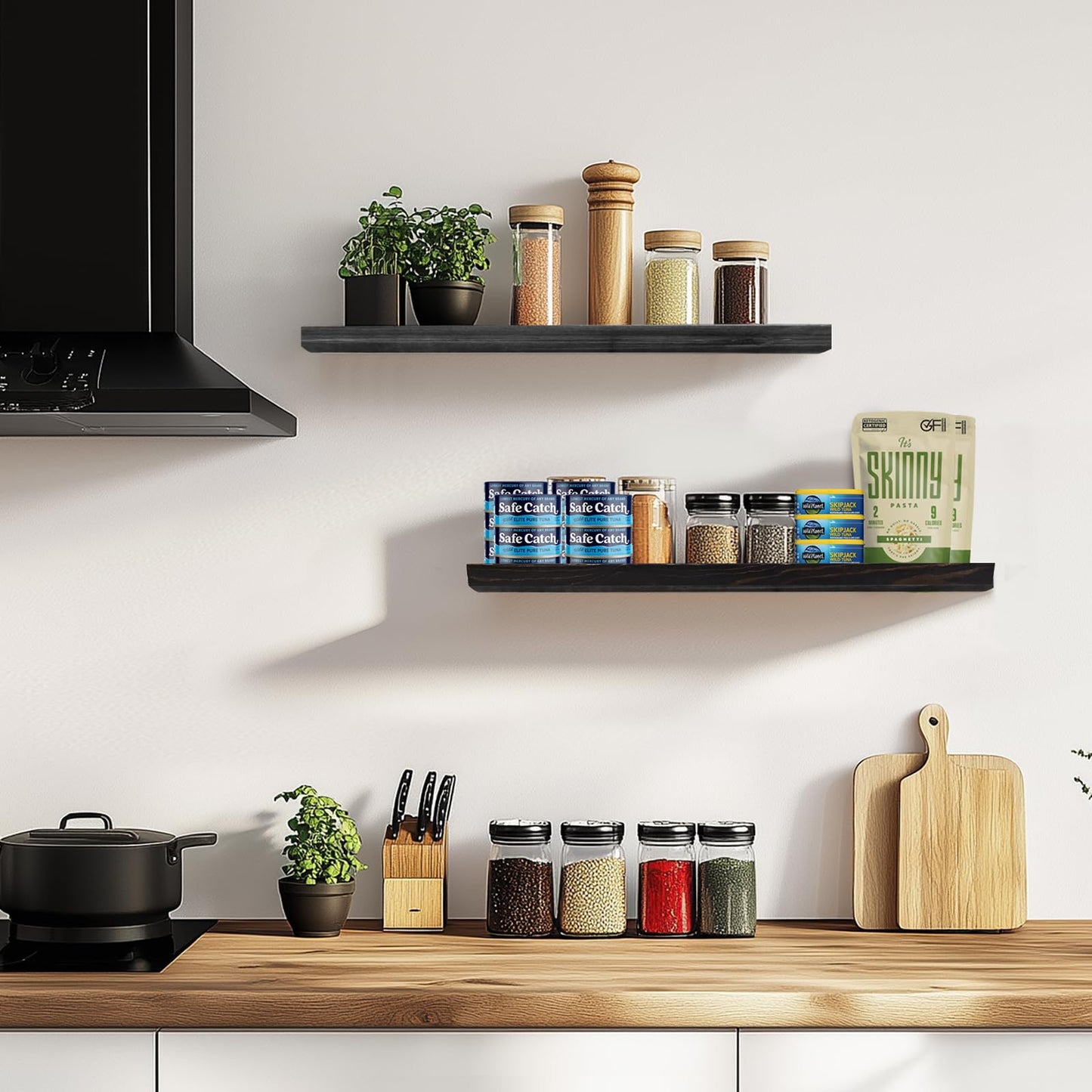 ABSWHLM 24"x6.8"x1.2" Solid Wood Floating Shelves 2-Pack - Rustic Black Finish with Hidden Brackets, Perfect for Storage and Décor in Living Room, Kitchen, Bedroom