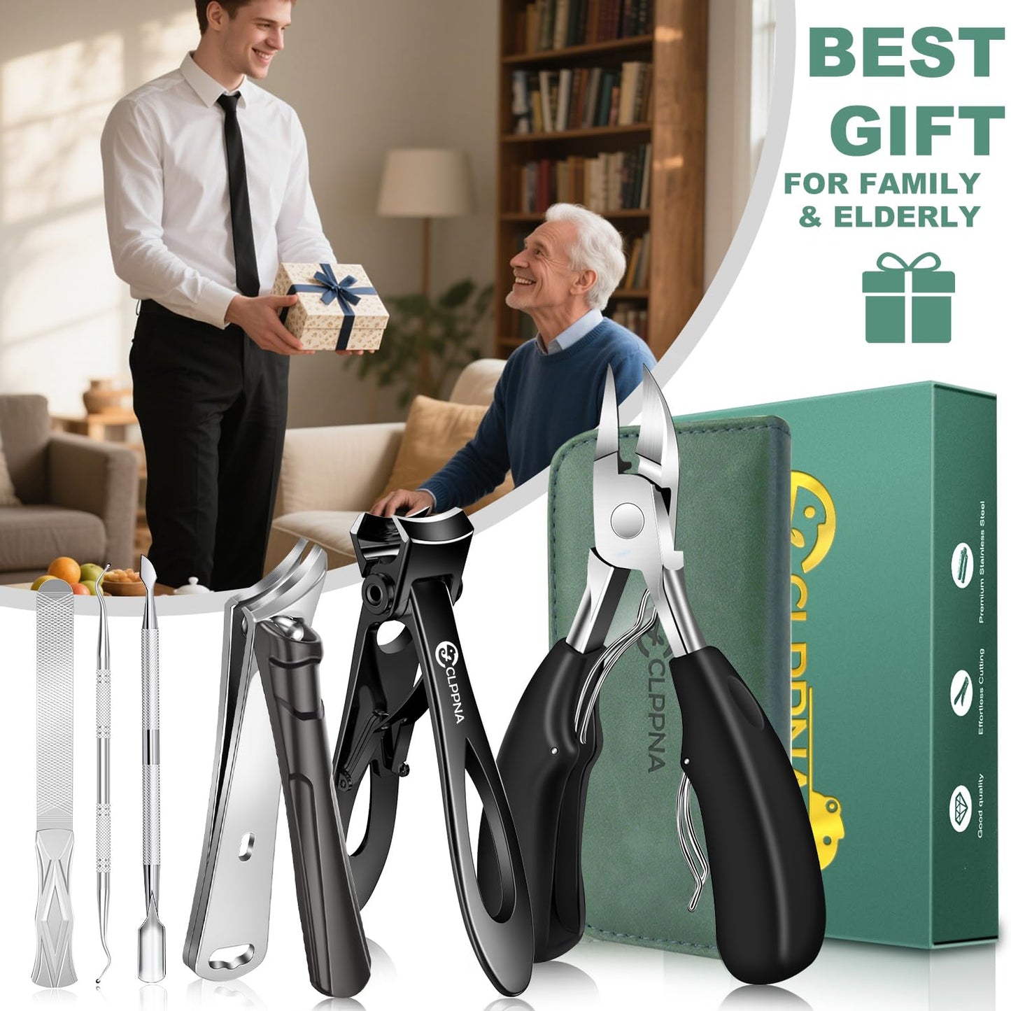Toenail Clippers for Seniors Thick Toenails, CLPPNA Large Toe Nail Clippers Set for Men with Wide Jaw, Sharp Heavy Duty Ingrown Toenail Clippers Nail Cutter, Long Handle with Slanted Curved Blade
