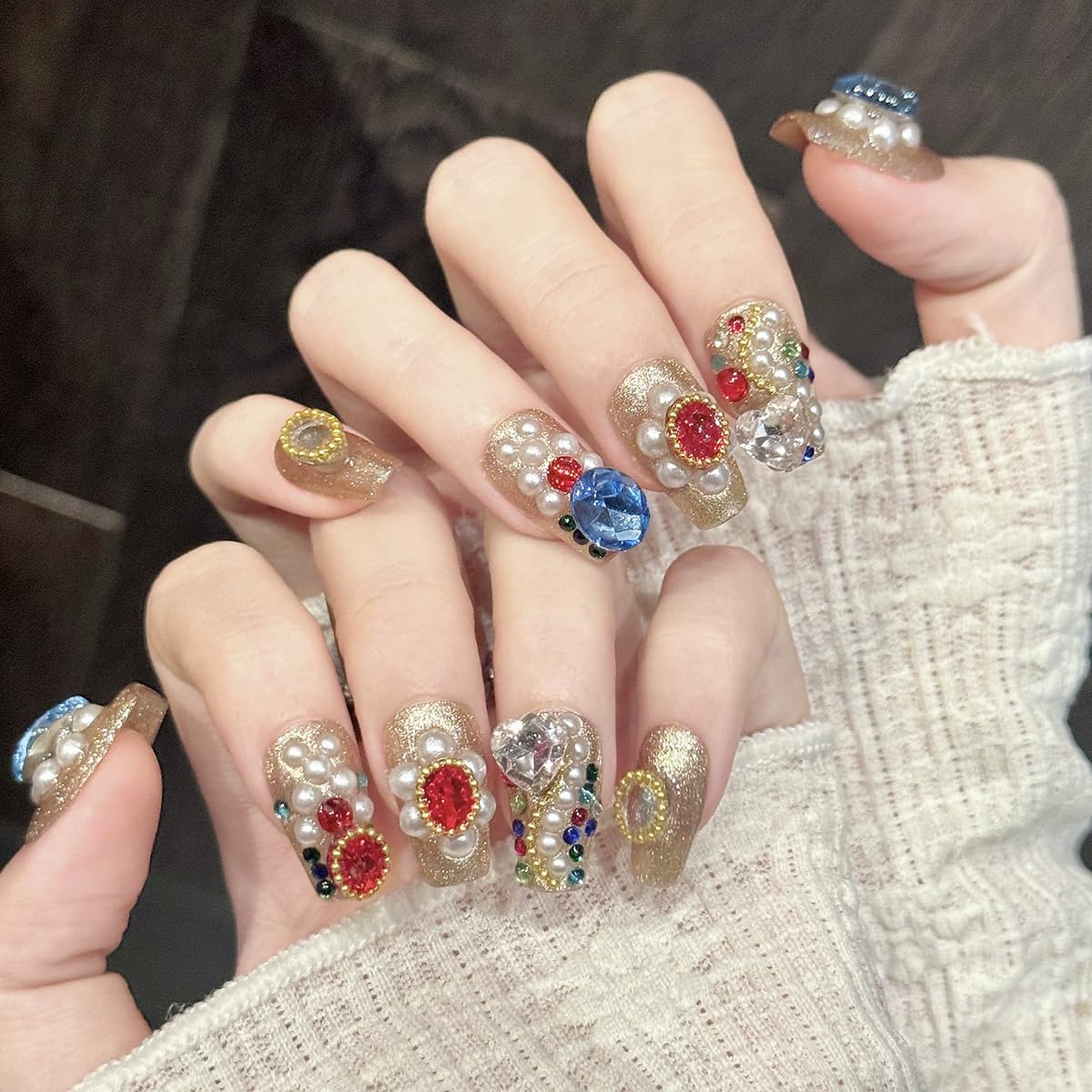 Handmade Press on Nails Long Coffin False Nails Gold False Nailswith 3D Rhinestones Designs Charm Cute luxury Sparkly Acrylic Nails for Women (Size M）10pcs