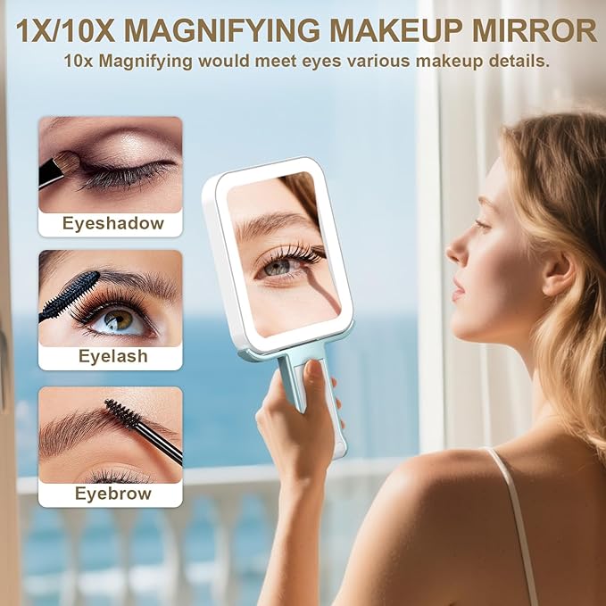 Mocado Travel Makeup Mirror with Lights,10X/1X Magnifying Mirror with Light, Double Sided Travel Mirror with 3 Color Light,Dimmable Touch, Lighted Makeup Mirror for Tabletop, Handheld, Hanging(Blue)