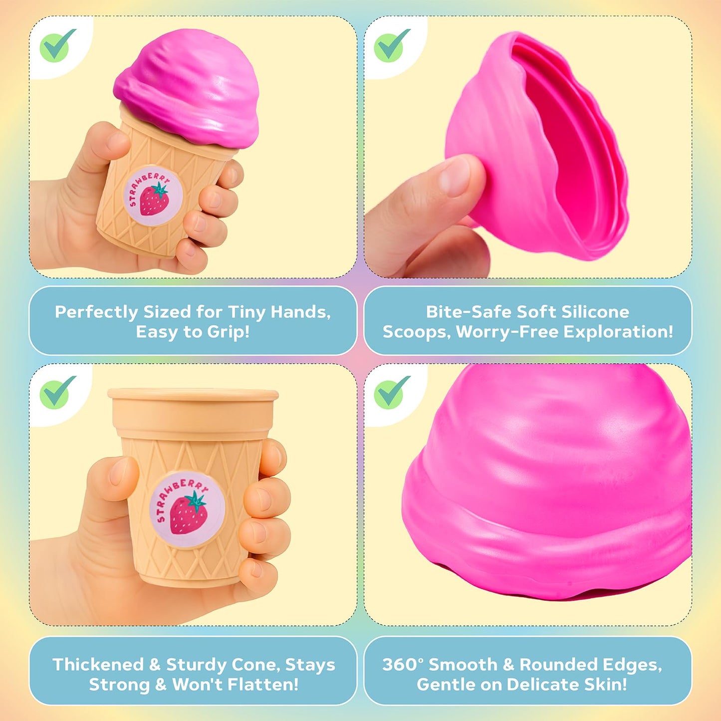 JoyCat Baby Toys 6-12 Months - Mystery Soft Box with 10 Sensory Objects, Rattle, Crinkle Paper, Mirror + Ice Cream Toys for Toddlers, Color Recognition Stacking Play Set with 7 Matching Cones & Scoops