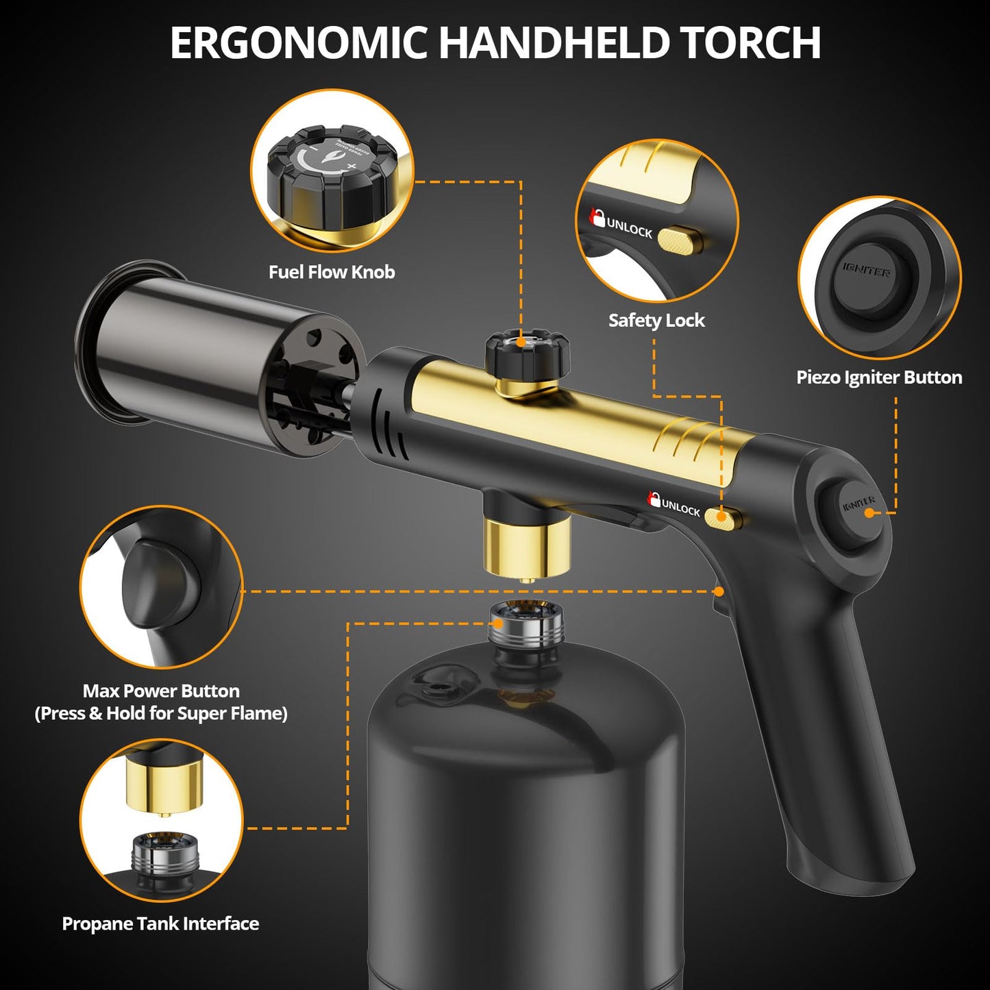 KinetiFire Powerful Propane Torch Gun, Cooking Torch with One-Touch Max Fire, Adjustable Culinary Torch for Searing Steak, Sous Vide, BBQ and Campfire Starter, Gold & Black(Tank Not Included)