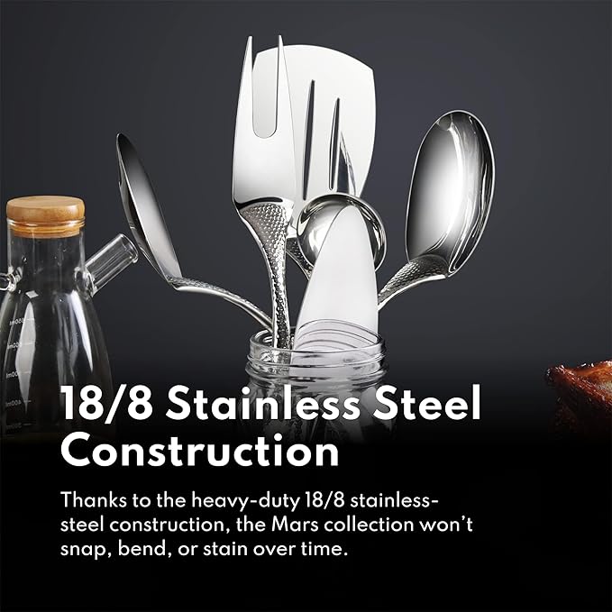 New Star Foodservice Mars Collection, Stainless Steel, 18/8 Hammered Hollow Handle Slotted Serving Spoon, 13-Inch, 4.8 Ounces