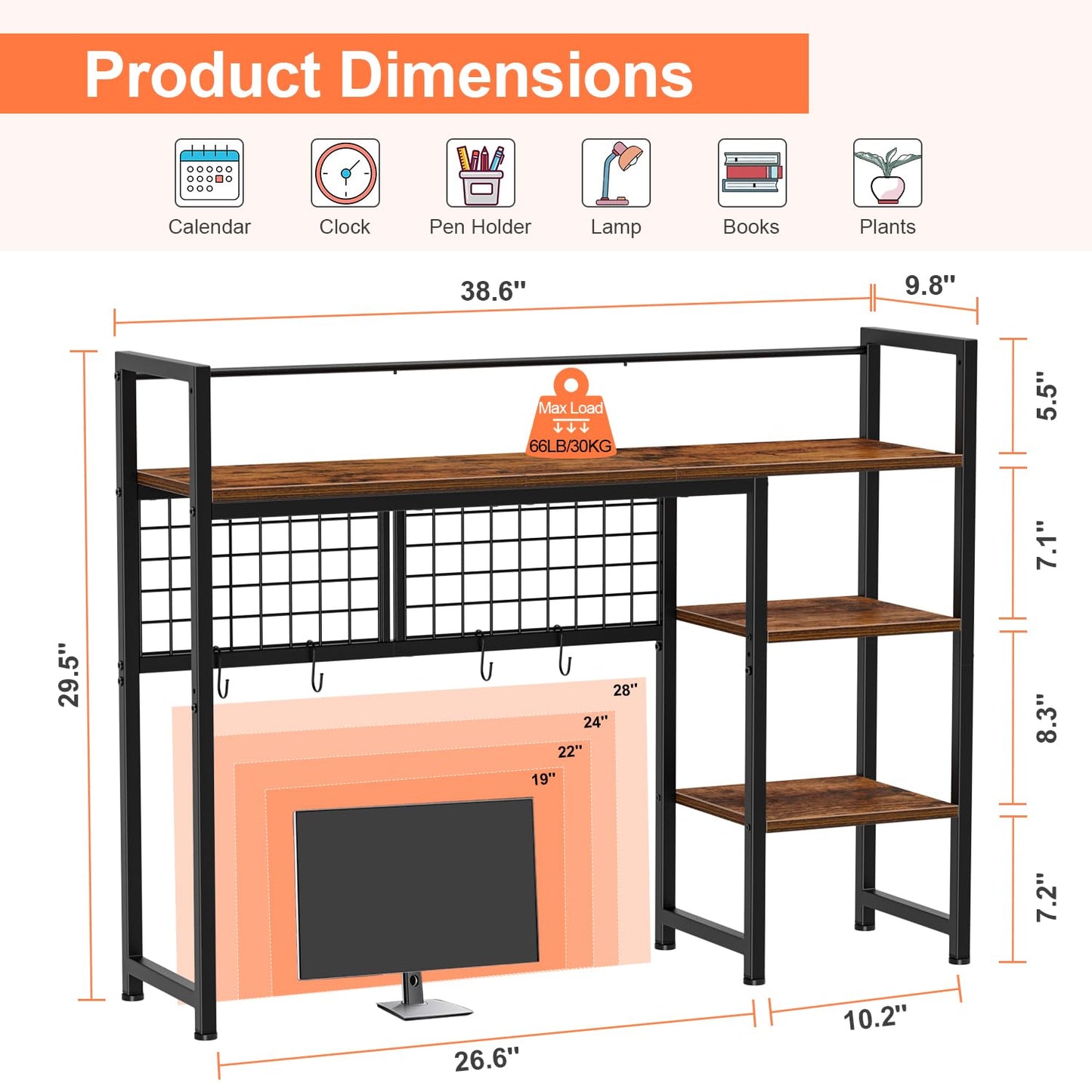 Snughome Desk Shelf, 38.6" Desktop Organizer Shelf, Desk Hutch for Computer Monitor, 4 Tier Desk Display Rack with Pegboard Hooks Set, Wood Desktop Bookshelf for Home Office Dorm
