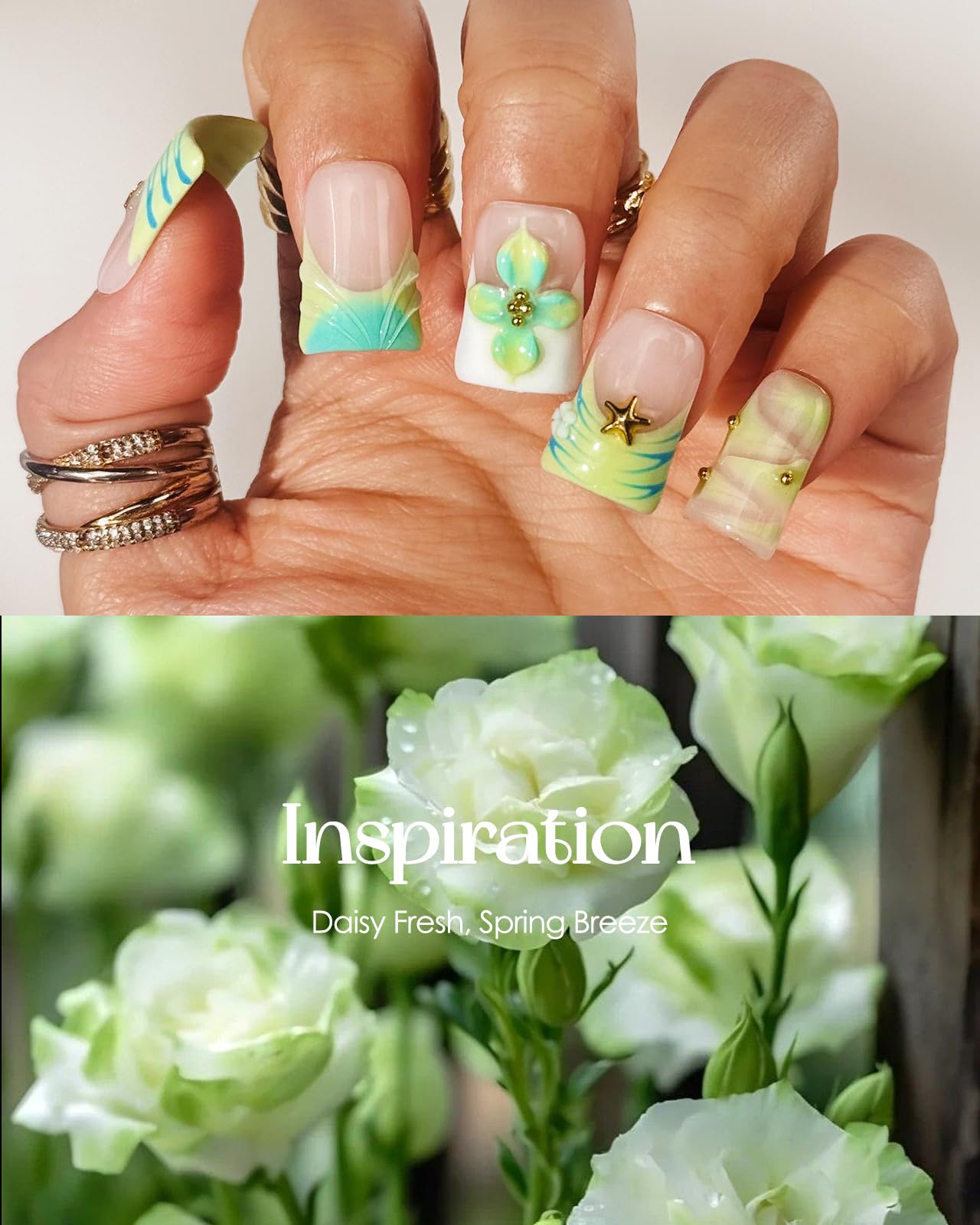 Buleens Handmade Press on Nails Acrylic Duck Nails-10pcs Short Fresh Spring Green Flower 3D Fake Nails Kits with Glue
