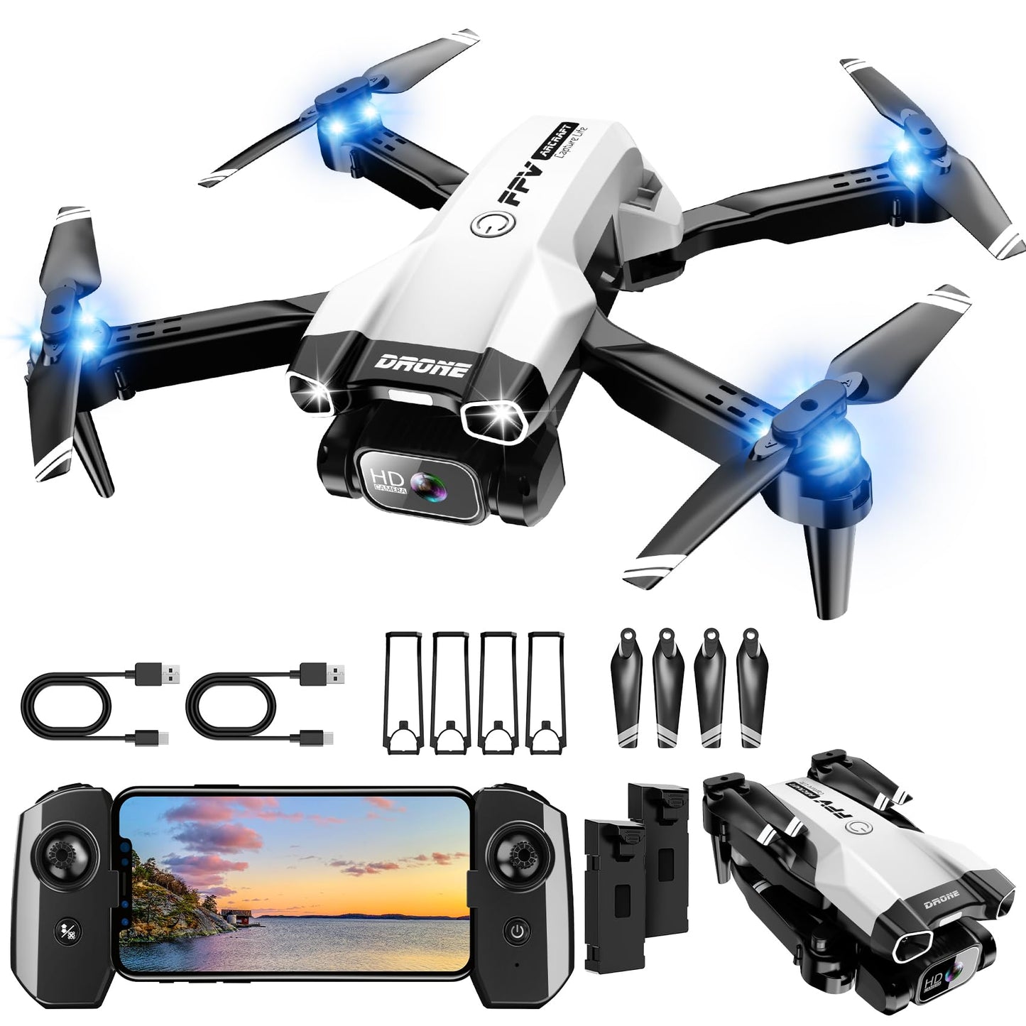 1080P Mini Drone with Camera, Drone for Beginners with Light, WiFi Transmission, One Key Start, Gestures Selfie, Waypoint Fly, 3D Flip, Headless Mode and App Control