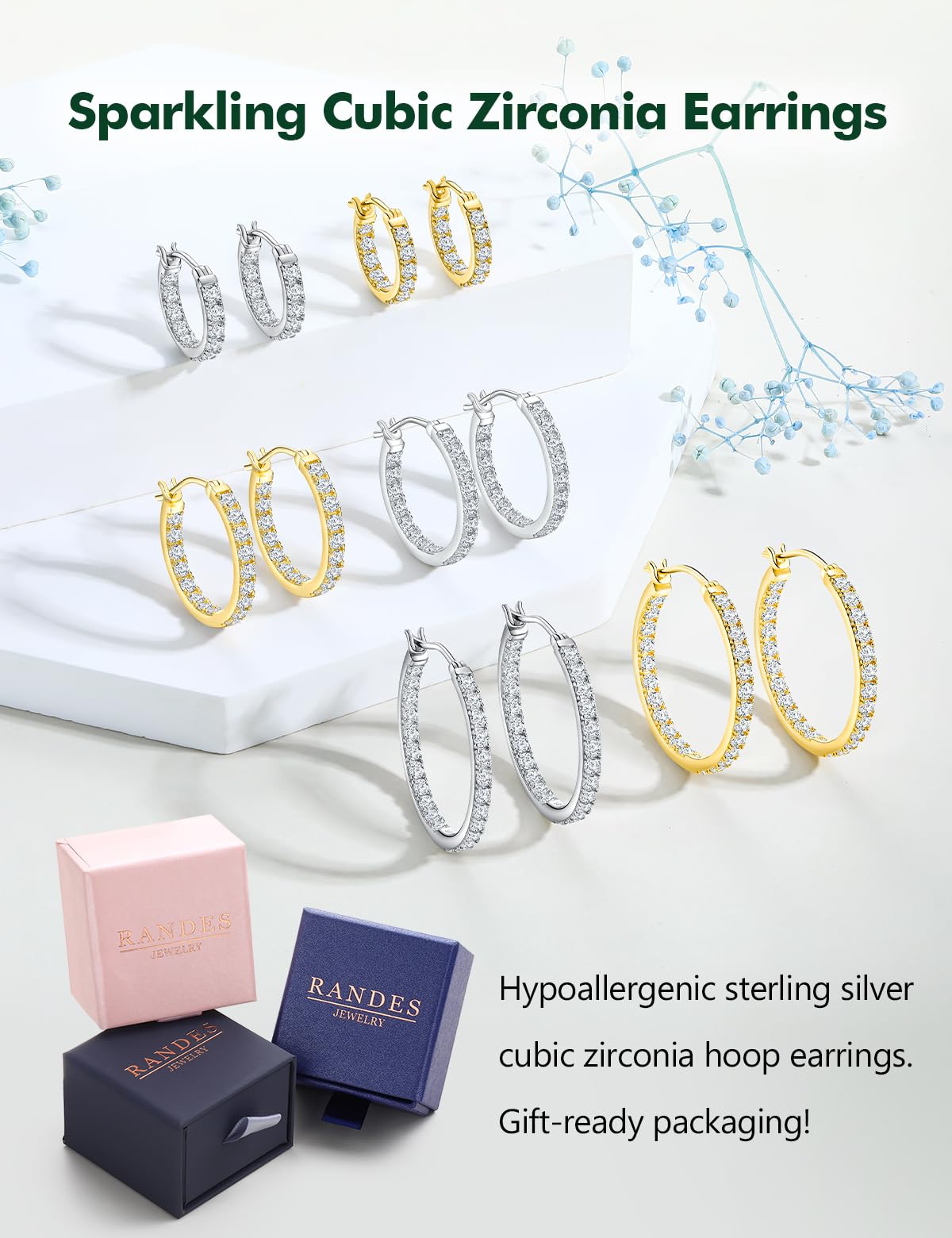 RANDES 14K Gold Plated Hoop Earrings for Women Hypoallergenic Cubic Zirconia Hoops Sterling Silver Created Diamond Large Round Earrings