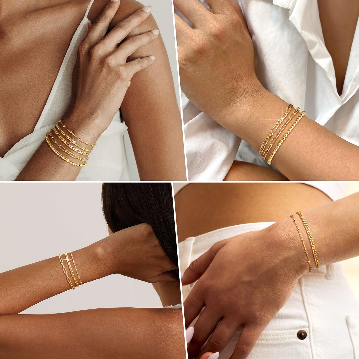 adoyi Gold Bracelets for Women, 14K Gold Plated Stackable Bracelet Stack Set Adjustable Charm Paperclip Chain Cuban Link Layered Waterproof Jewelry Sets Gifts for Womens 6.8 Inch