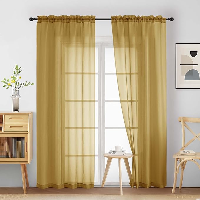Gold Sheer Curtains 84 Inches Long 2 Panels, Elegant Airy Transparent Light Filtering Window Curtains, Window Drapes for Living Room Bedroom, Top Dual Rod Pocket Design, 2x42Wx84L Inches