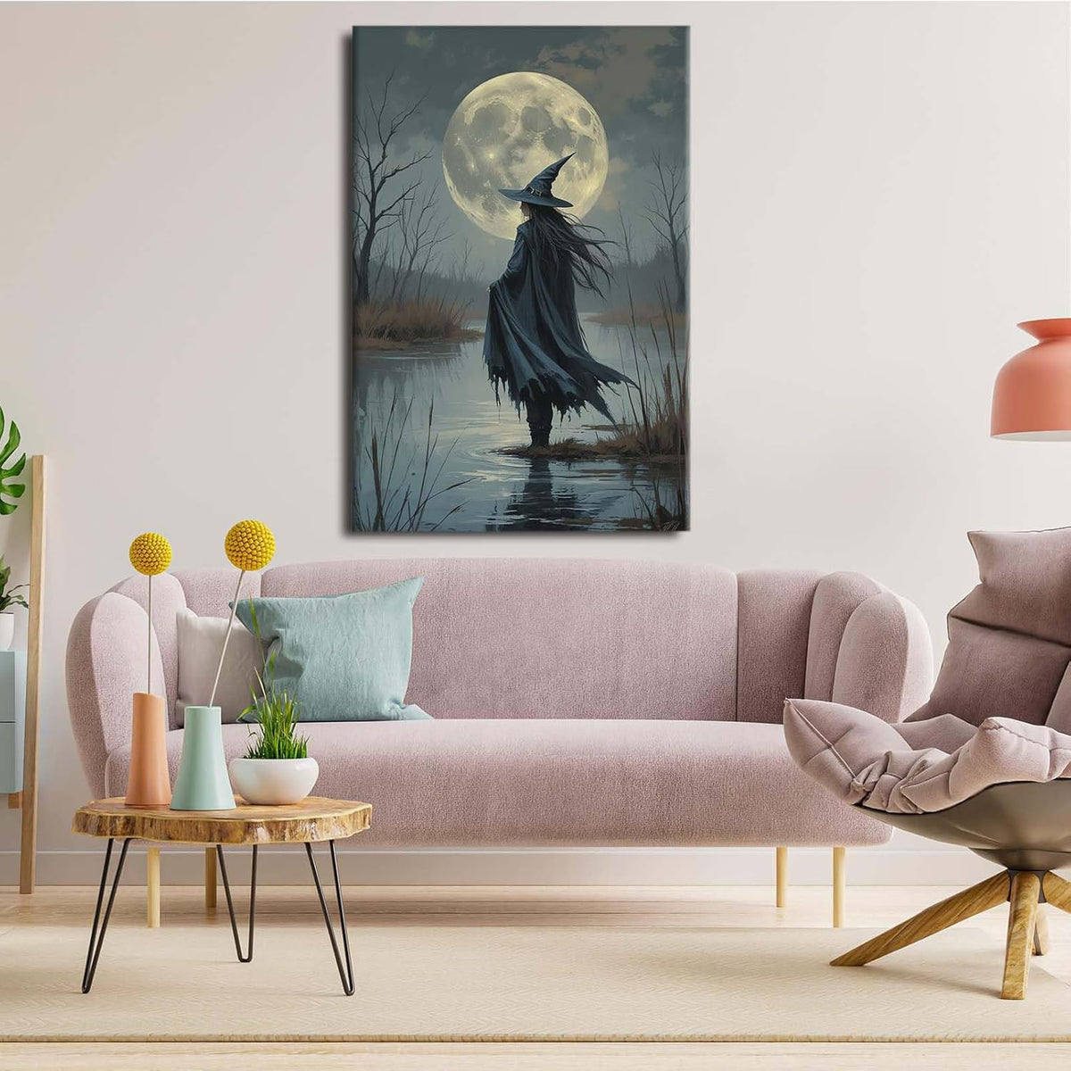 JFHCQJPK Witch in the moonlight magic canvas wall art enchanting Halloween home decor swamp witch silhouette oil painting mysterious gothic aesthetic wall decor print poster20x30in Frameless
