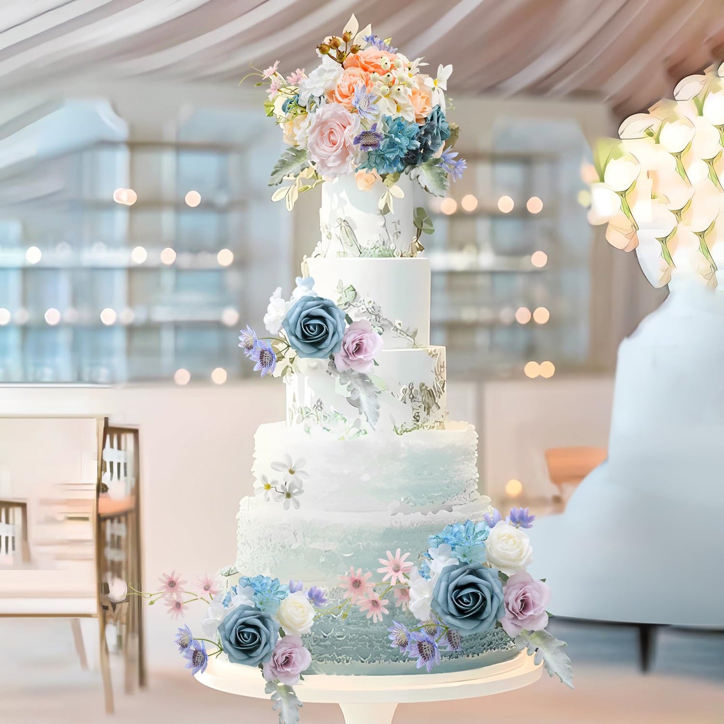 Garisey Artificial Flowers Combo for DIY Wedding Bouquets Combo Centerpieces Arrangements Party Bridal Baby Shower Home Decorations-Blue&White