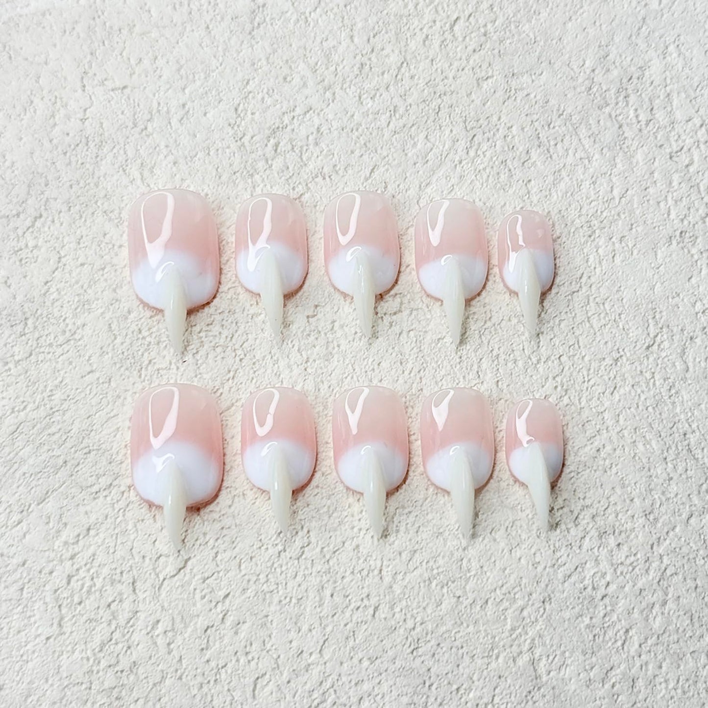 10 Pcs Handmade Press on Nails Medium Curved Stiletto Cat Claw Fake Nails Unique Pink White Designs Thick 3D Cat Claw Nails Press Ons Reusable Glossy Acrylic French Gradient Stick on Nail (S)