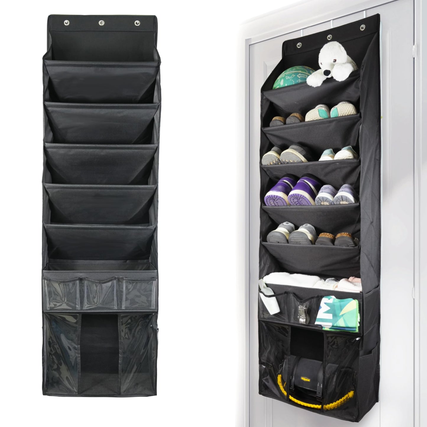 3in1 Over The Door Shoe Organizer with 5 Slanted Compartments,Removable Storage Bin & Transparent Pockets,Thickened Waterproof Oxford Fabric Shoes Rack for Shoes,Boots,Toys,Daily Essentials. (Black)