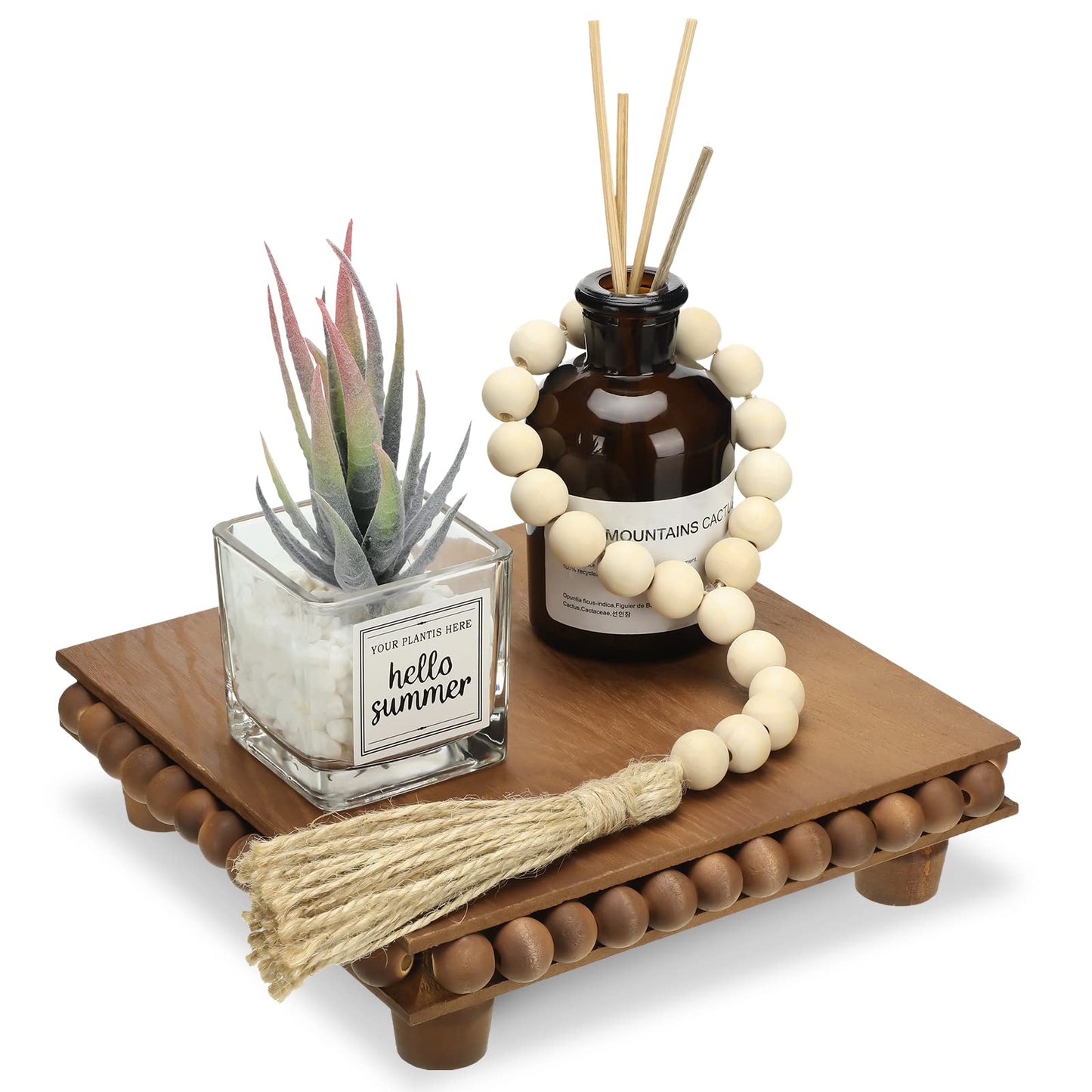 Kathfly Wood Riser and Wood Bead Garland Set Wooden Trivets Farmhouse Beaded Riser for Display Square Brown Wooden Trivets Decorative for Coffee Bar, Bathroom, Kitchen Island