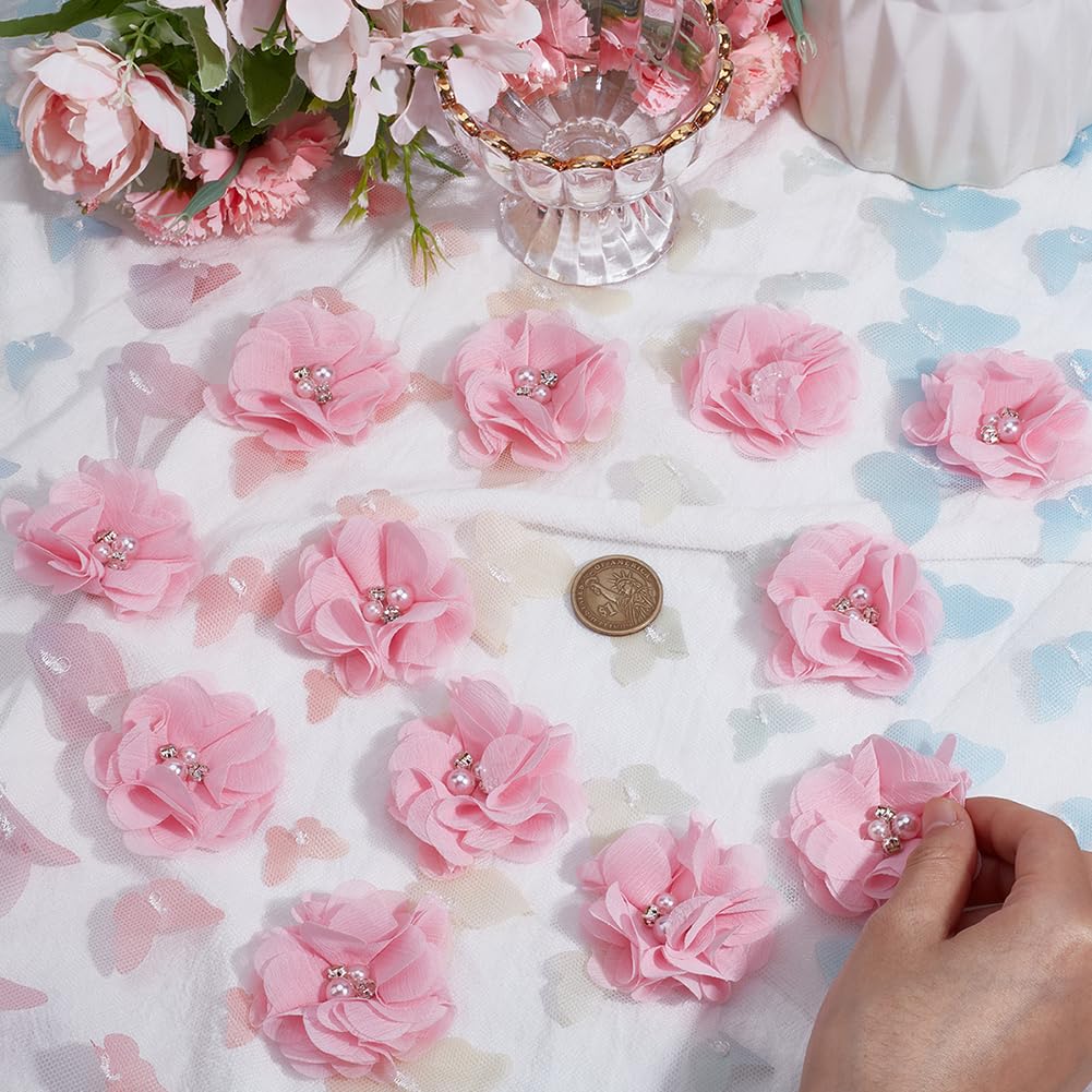 SOFPLATE 1 Box 30Pcs Pink Chiffon Flower Artificial Fabric Flower Appliques Pearl Rhinestone Felt Back Sewing Appliques for Clothes Hair Accessories Embellishments Wedding Decor DIY Craft Projects