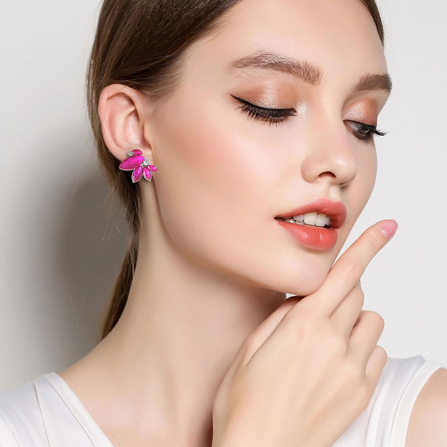 Hot Pink Earring for Women Sparkly Rhinestone Drop Earrings for Wedding Faux Crystal Earring Studs Silver-Tone