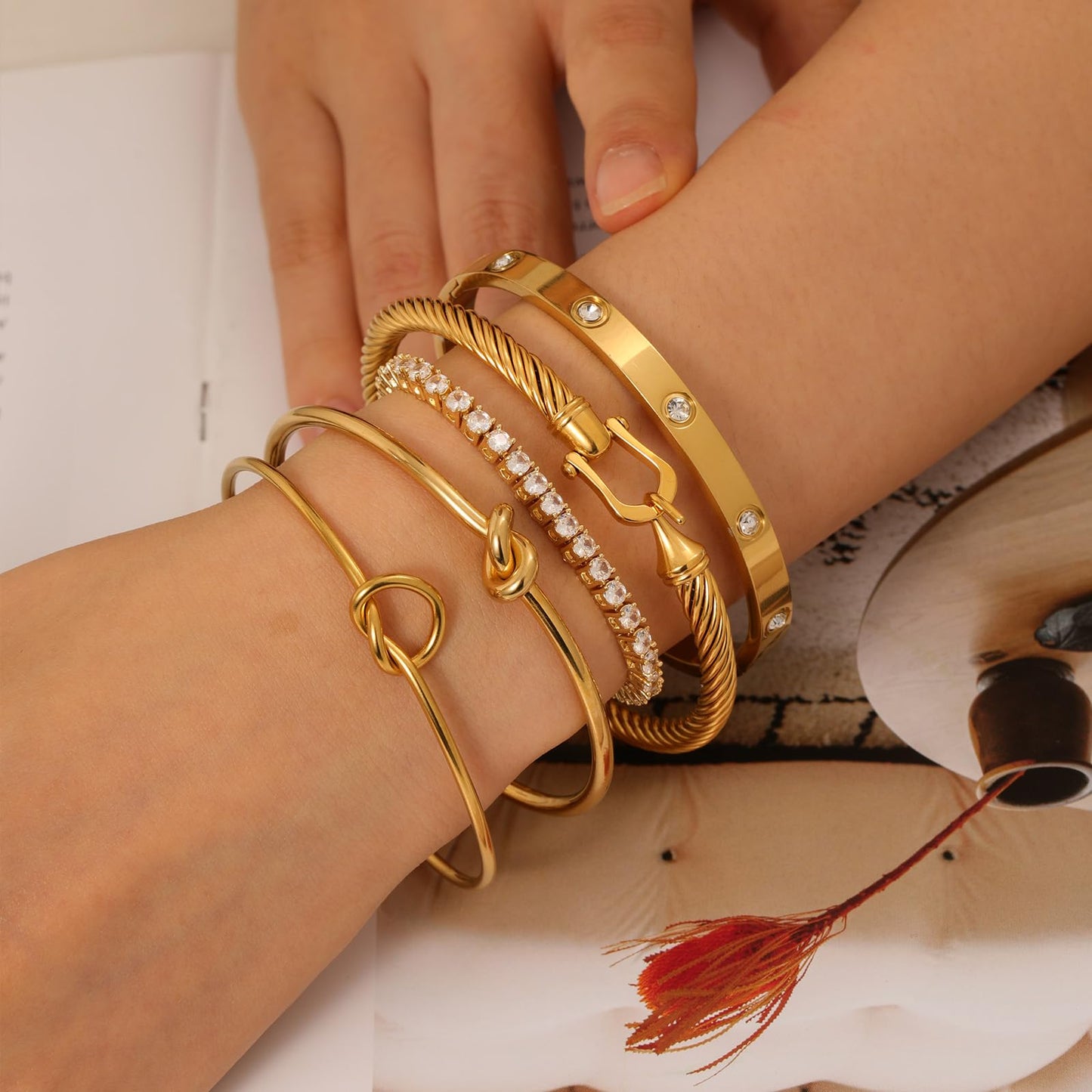 FAFUGA 18 K Gold Plated Love Bangle Bracelet Stack Cuff Jewelry for Women Jewelry Set for Women Gift with Box (style1)