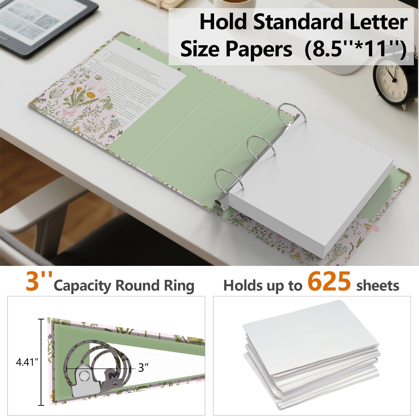 3 Ring Binder 3 Inch, Cute Round Ring Binders with 6 Tab Dividers, Labels Stickers, Low Profile Clipboard with Storage, Fashion Binder School Office Supplies(Wild Flowers)
