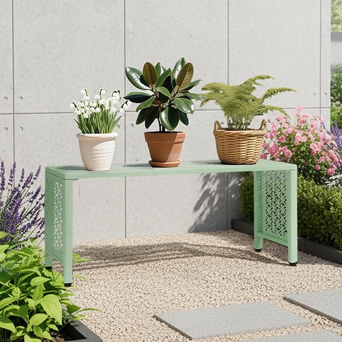 VINGLI 40in Outdoor Metal Bench, All-Weathe Backless Patio Bench with Slatted Seat＆Floral Side Panels, Rust-Resistant Garden Bench, Weatherproof Outdoor Seating for Porch Entryway Backyard (Green)