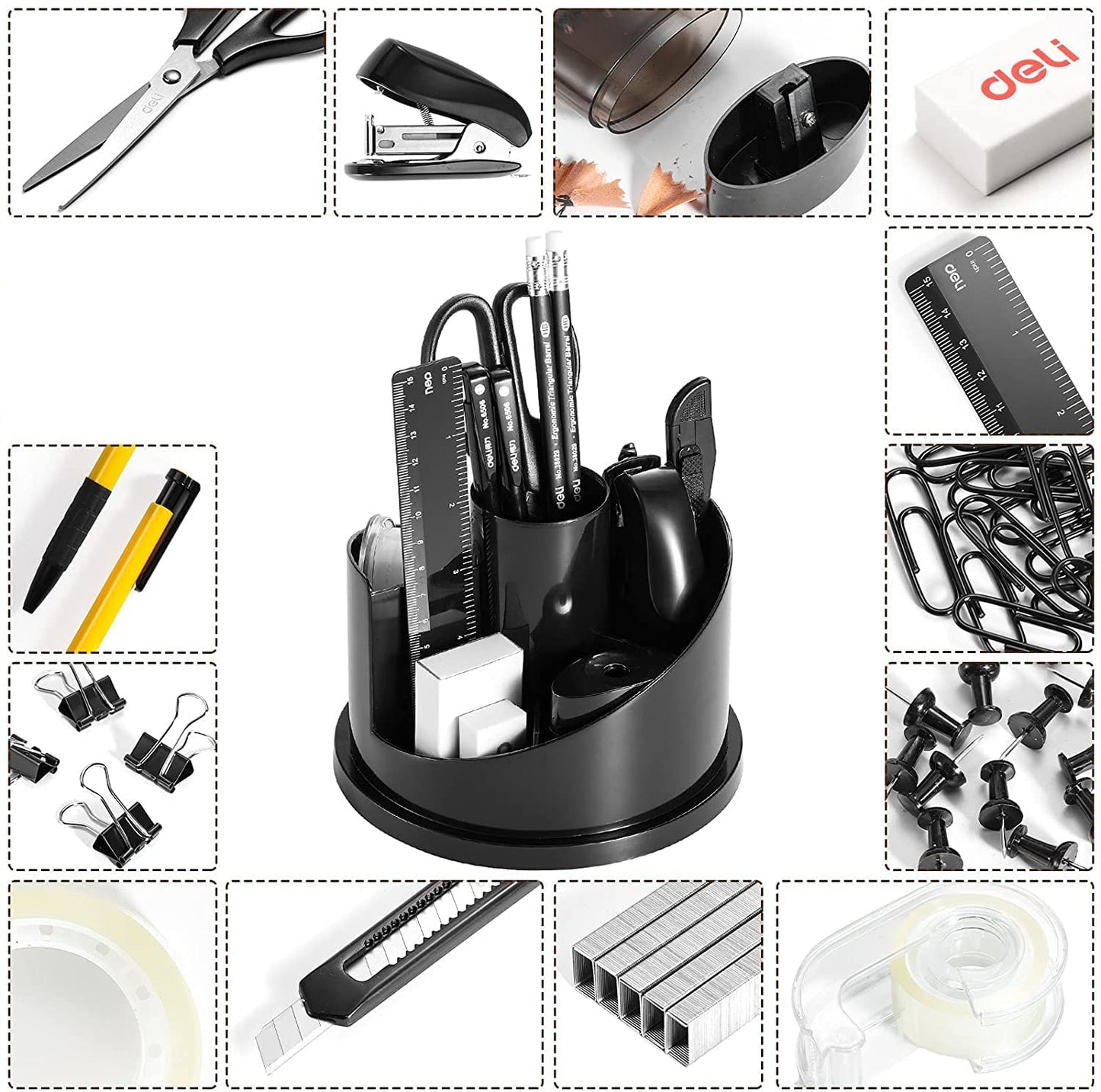 Deli 15 Pcs Office Supplies Kit with Desk Organizer, Desk Accessories Set with Staple, Sharpener, Scissors, Binder Clips