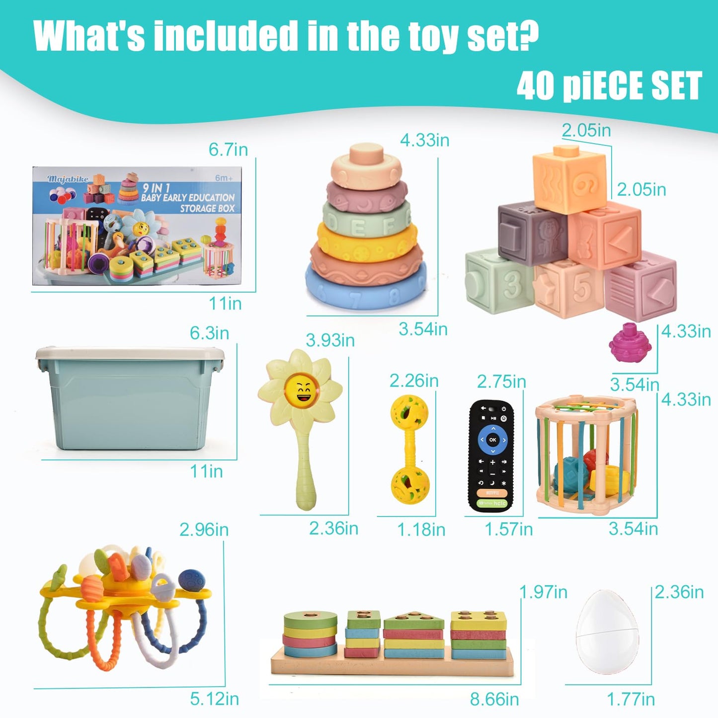 Majabike Baby Toys 6 to 12 Months 9 in 1 Montessori Teething Toys Sorting Sensory Educational Learning Gift for Toddlers Aged 1-3