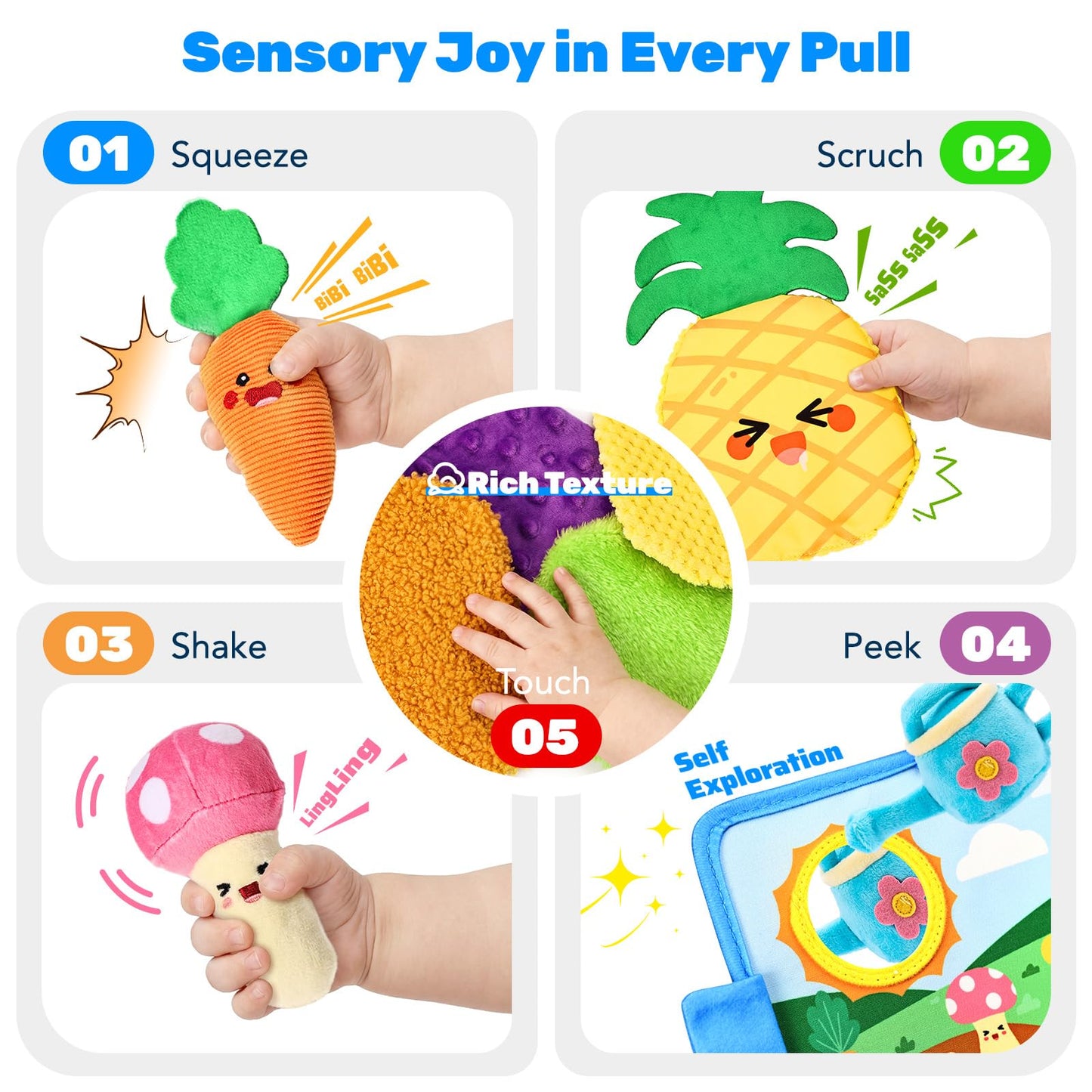 Esjay Montessori Sensory Garden Plush Set and Busy Board, Developmental Learning Toys with Rattle Squeaker Mirror Texture Tissue, Grey Dinosaur