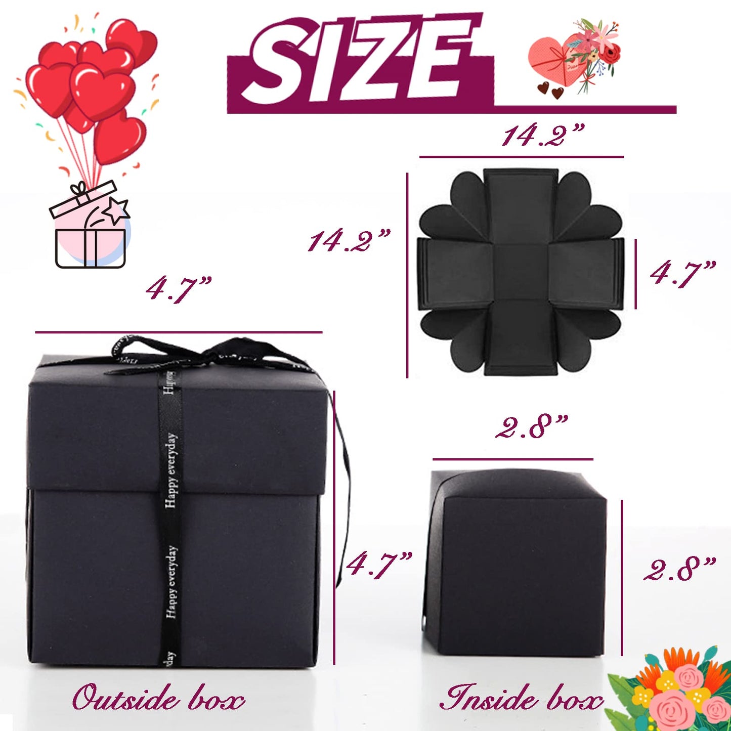 Hamiggaa Explosion Box Gifts,Surprise Creative DIY Photo,Exploding Love Box,Love Memory Photo Box with 4 Faces for Anniversary,Birthday,Valentine's Day and Wedding(Black)