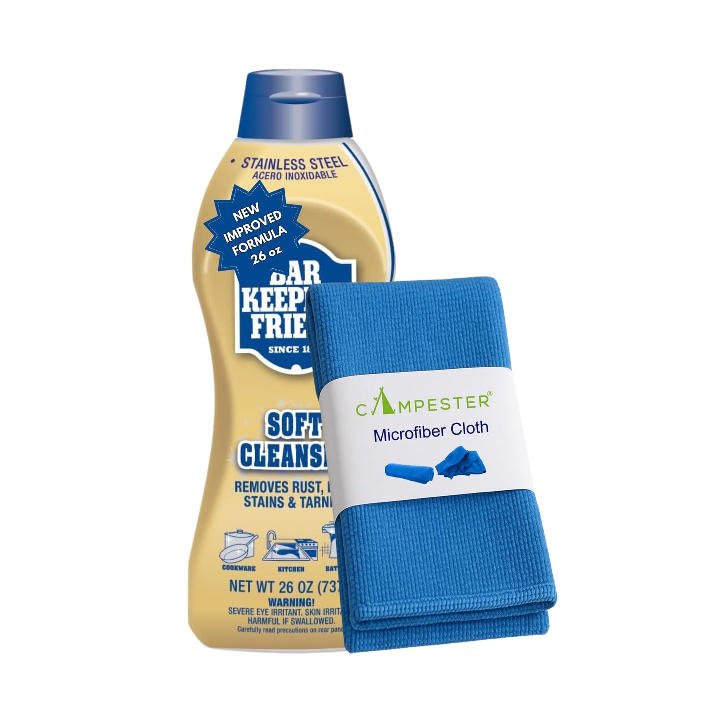 Campester Microfiber Cleaning Cloth Bundle for Bar-Keeper's Friend Soft Cleanser 26 Oz and. Removes Rust, Lime Stains, Tarnish. Ideal for Stainless Steel, Ceramic, or Tile. Kitchens Or Bathrooms