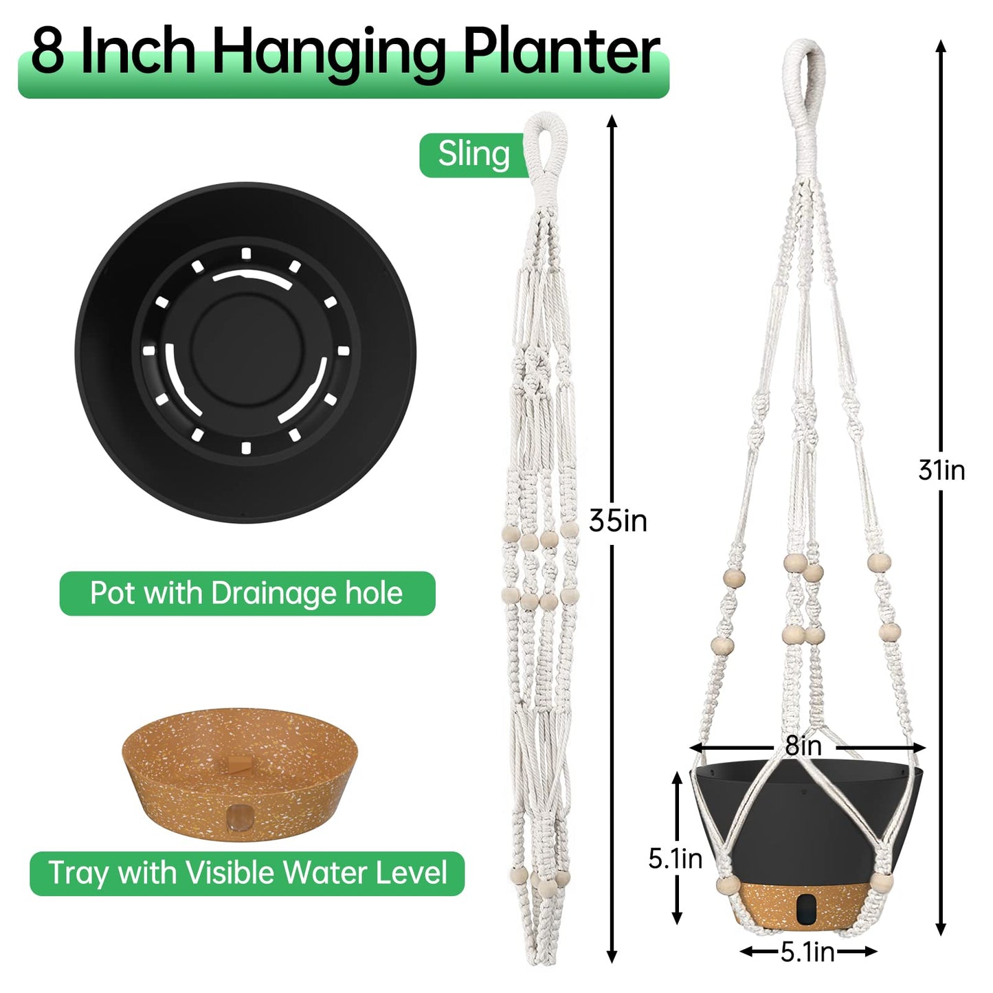ZMTECH 2 Pack 10 Inch Hanging Planters with Macrame Plant Hanger for Indoor and Outdoor Plants, Self Watering, Drainage Hole, Visible Level Tray, Gray