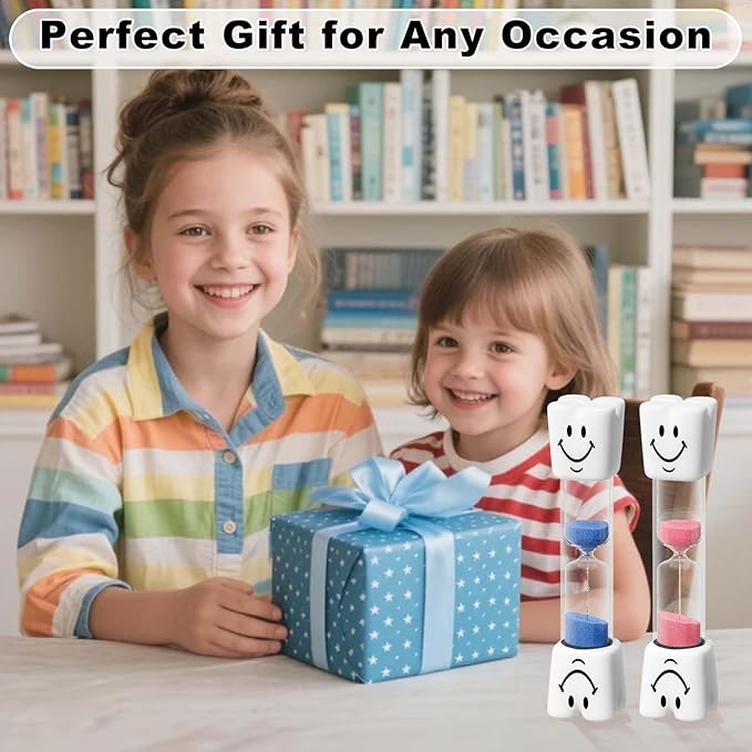 2 Minute Toothbrush Sand Timer for Kids, Small Blue and Red Smiley Acrylic Hourglass Sand Clock Set, Plastic Glass Mini Sandglass for Classroom Games Kitchen (Pack of 2)